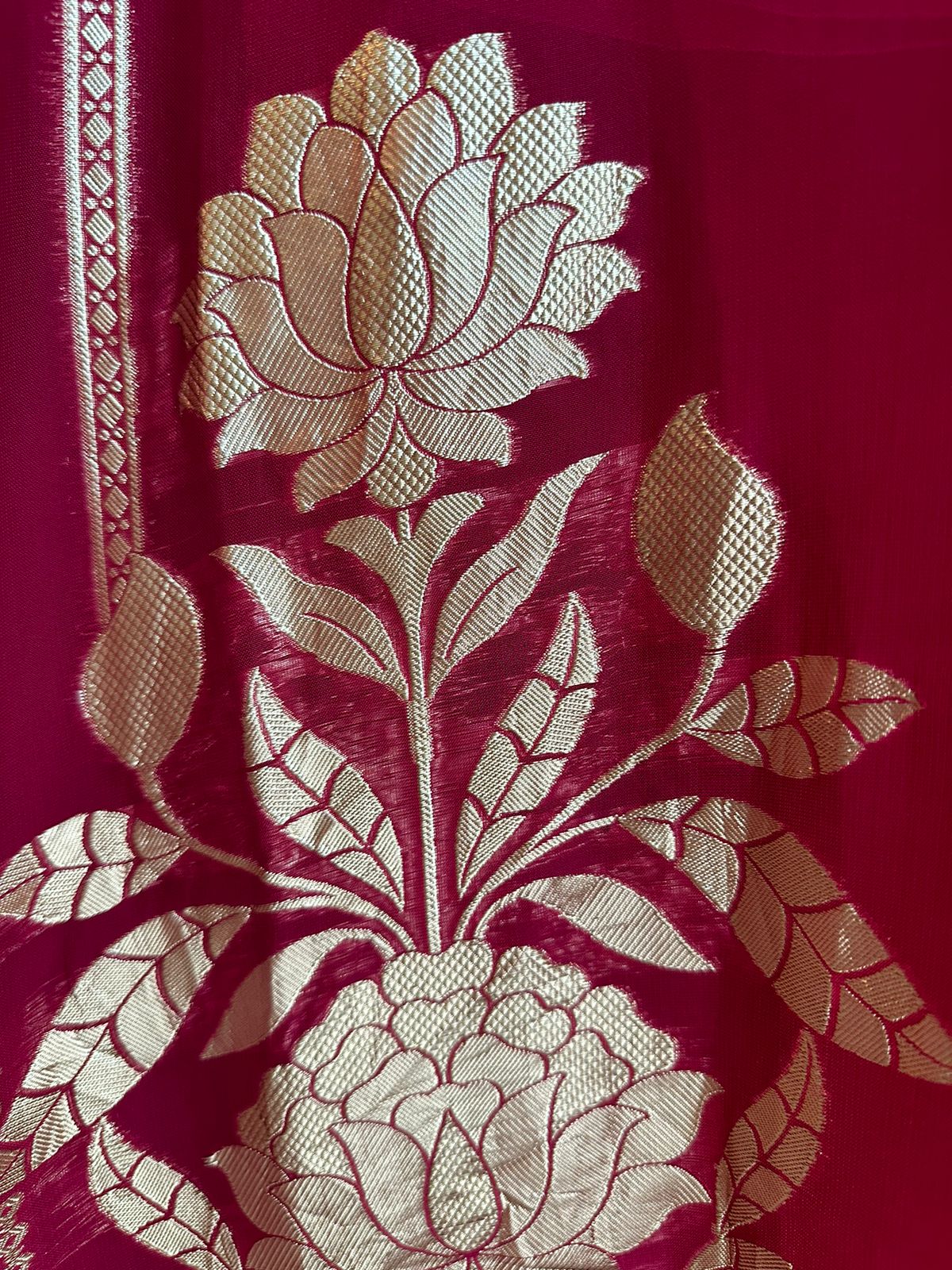 Cherry red colour very beautiful unstitched shirt with gold zari work