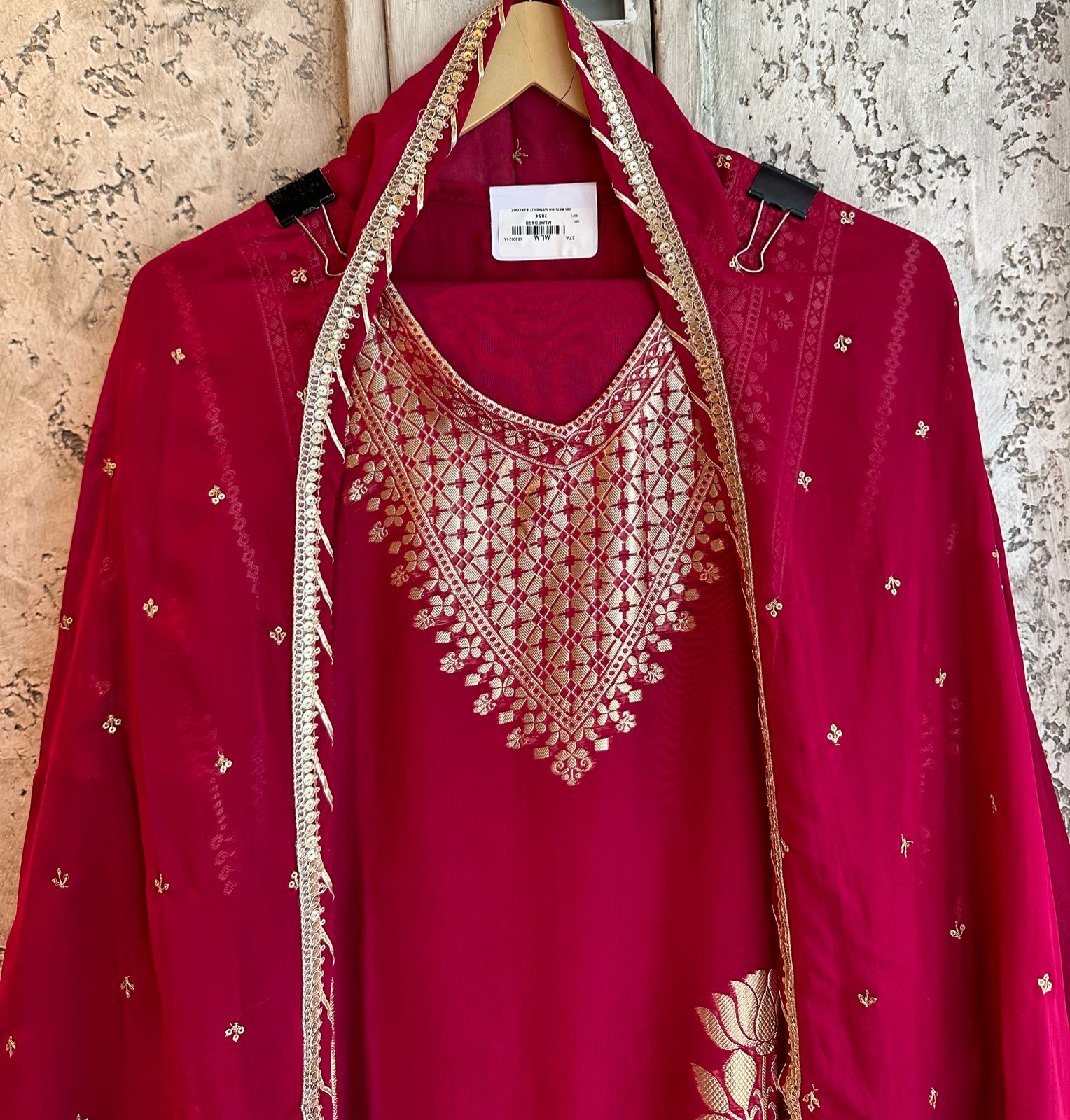 Cherry red colour very beautiful unstitched shirt with gold zari work
