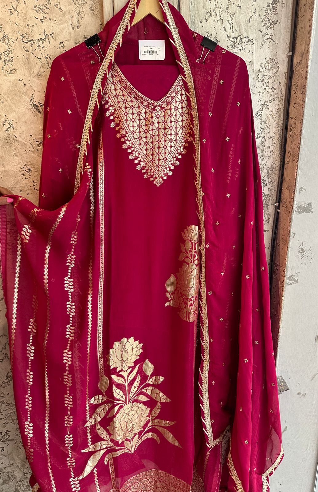 Cherry red colour very beautiful unstitched shirt with gold zari work