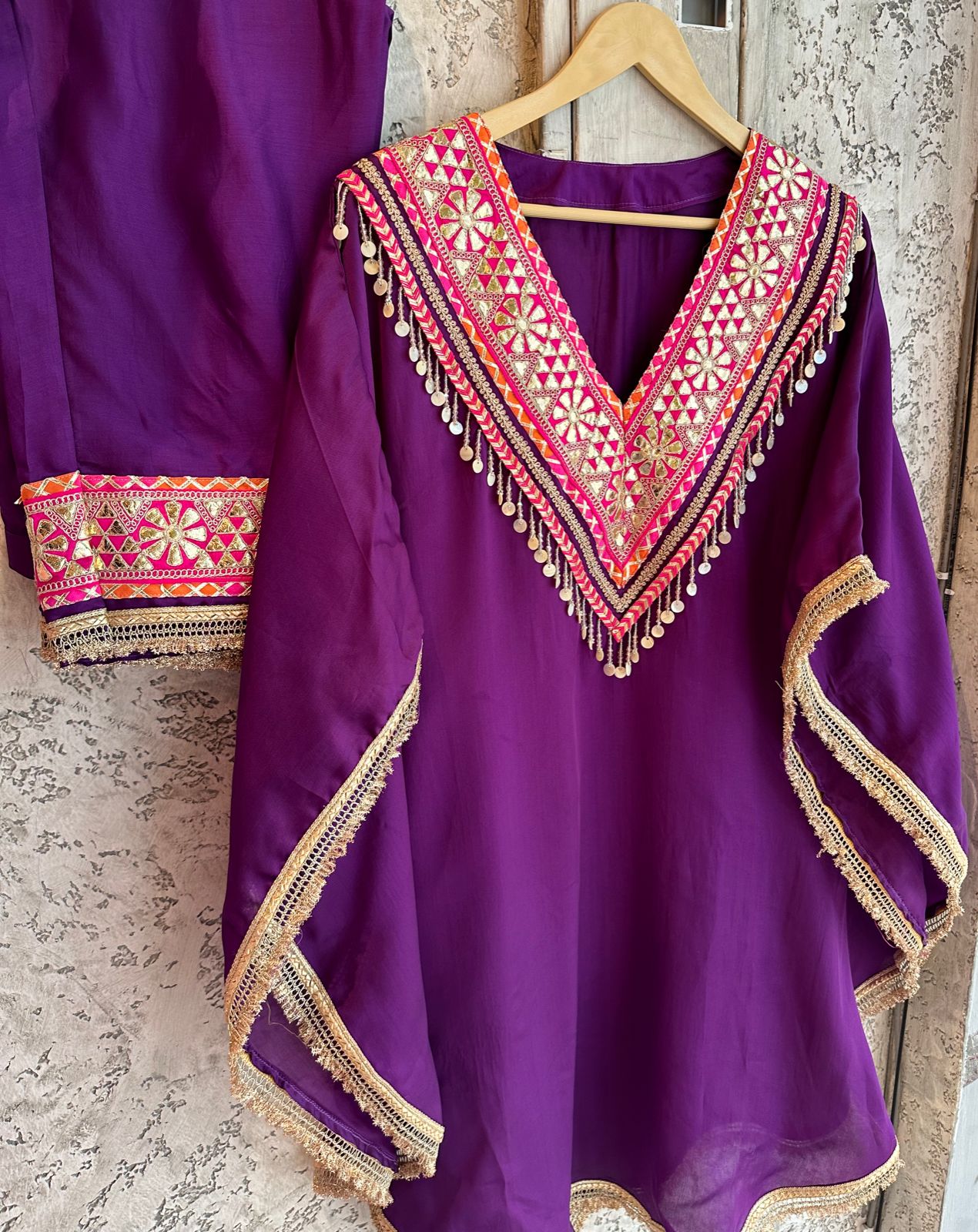 Pure Satin Kaaftan set with gotta laces purple