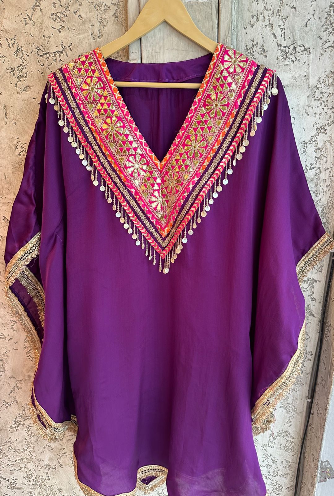 Pure Satin Kaaftan set with gotta laces purple