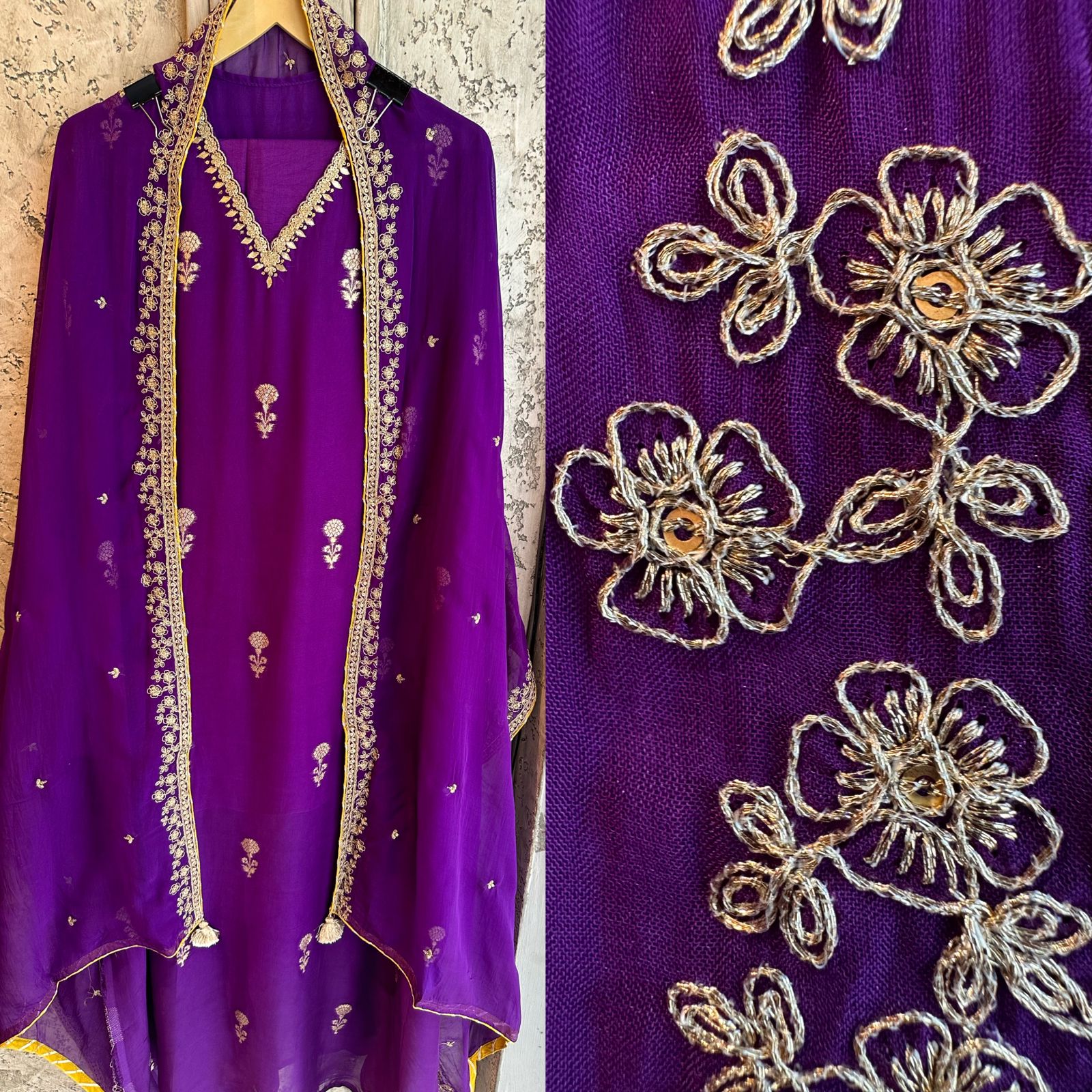 Pure soft organza designer zari weaved pattern plus embroidery on neckline