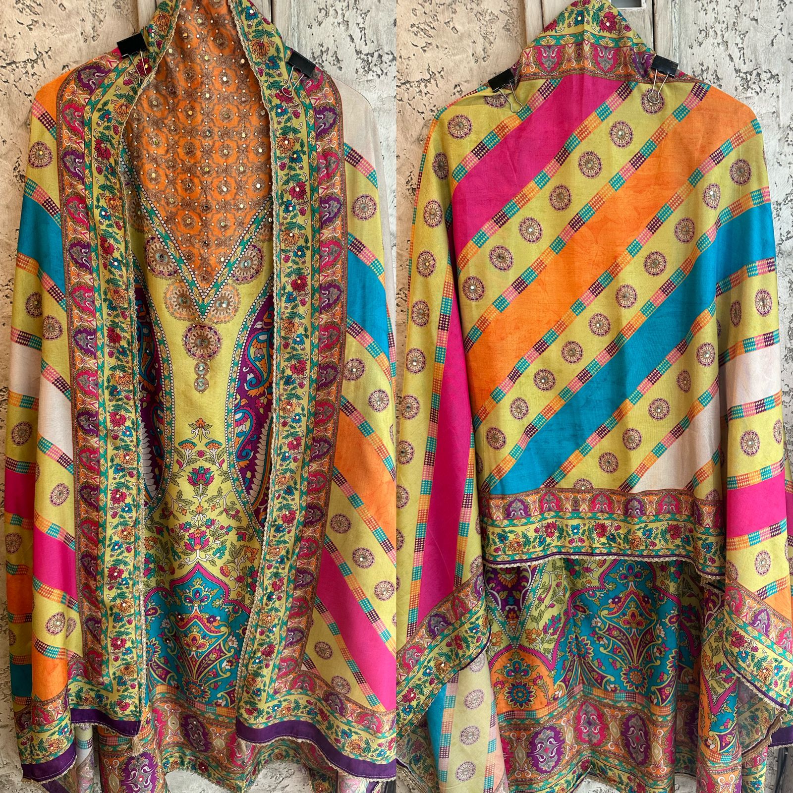 Silk digital printed shirt with overall handwork highlights on the front with Shantoon