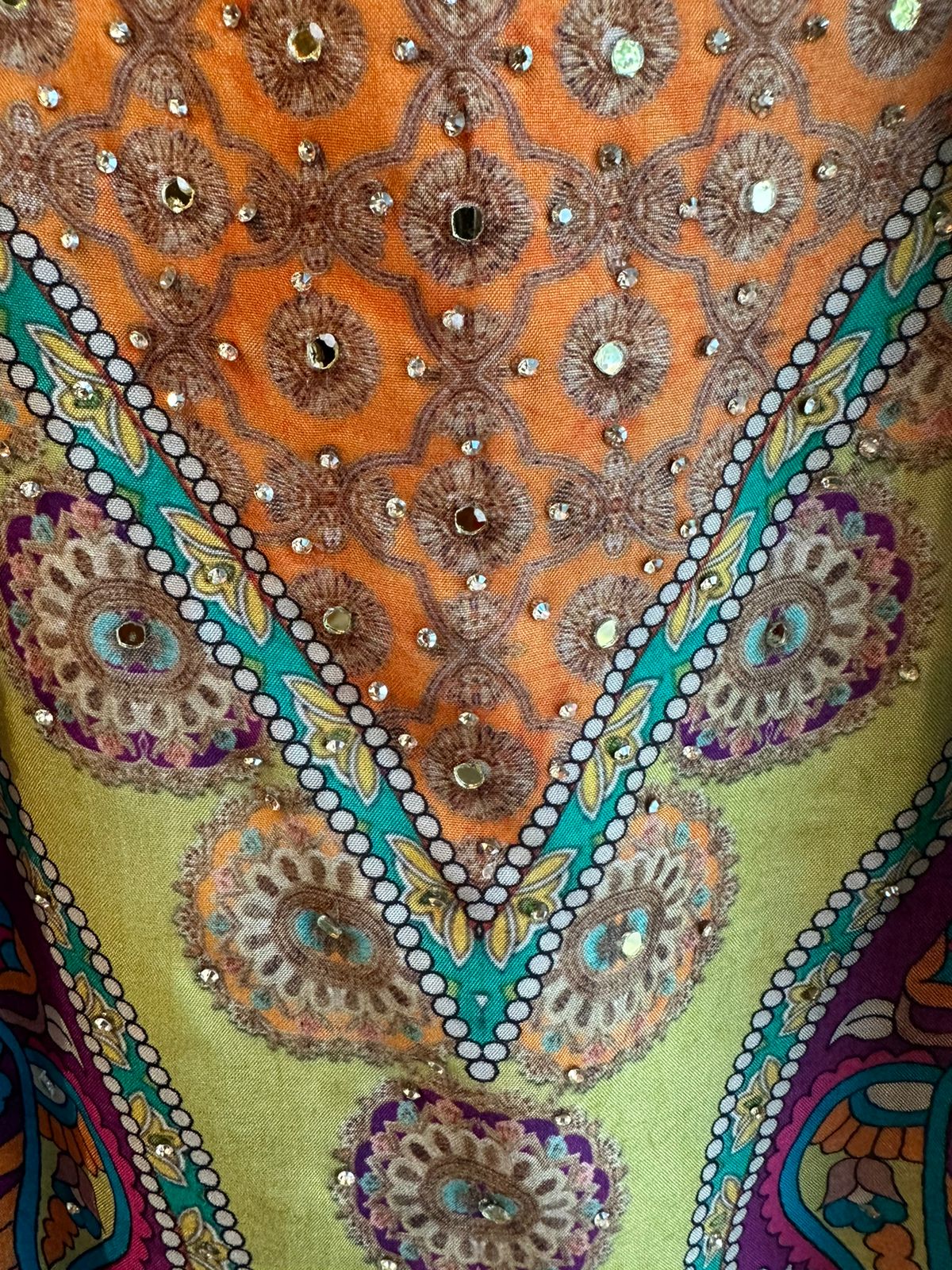 Silk digital printed shirt with overall handwork highlights on the front with Shantoon