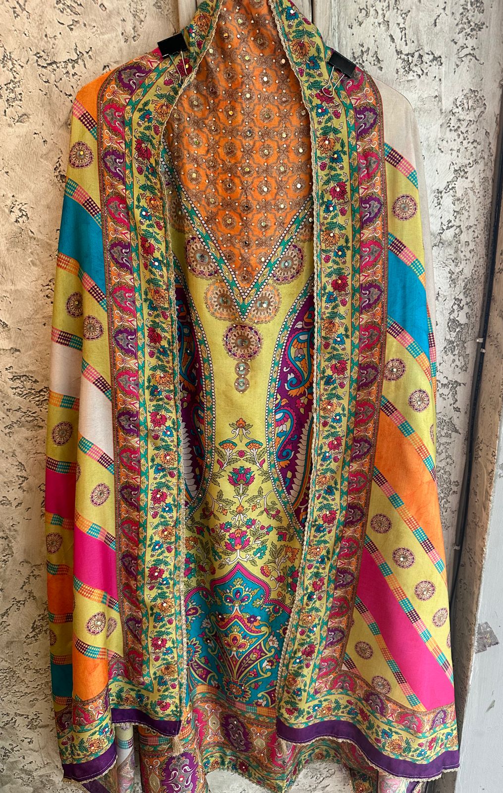 Silk digital printed shirt with overall handwork highlights on the front with Shantoon