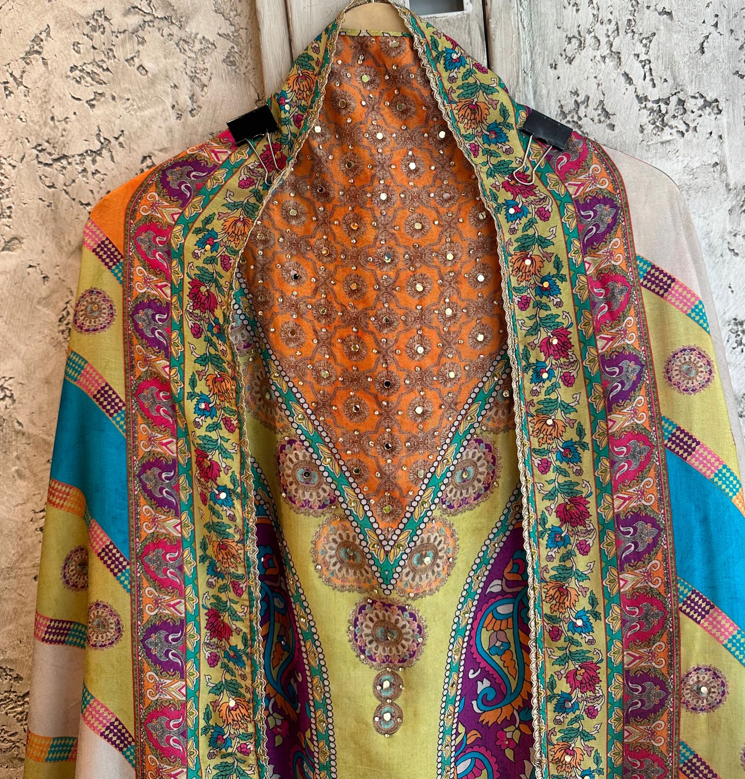 Silk digital printed shirt with overall handwork highlights on the front with Shantoon