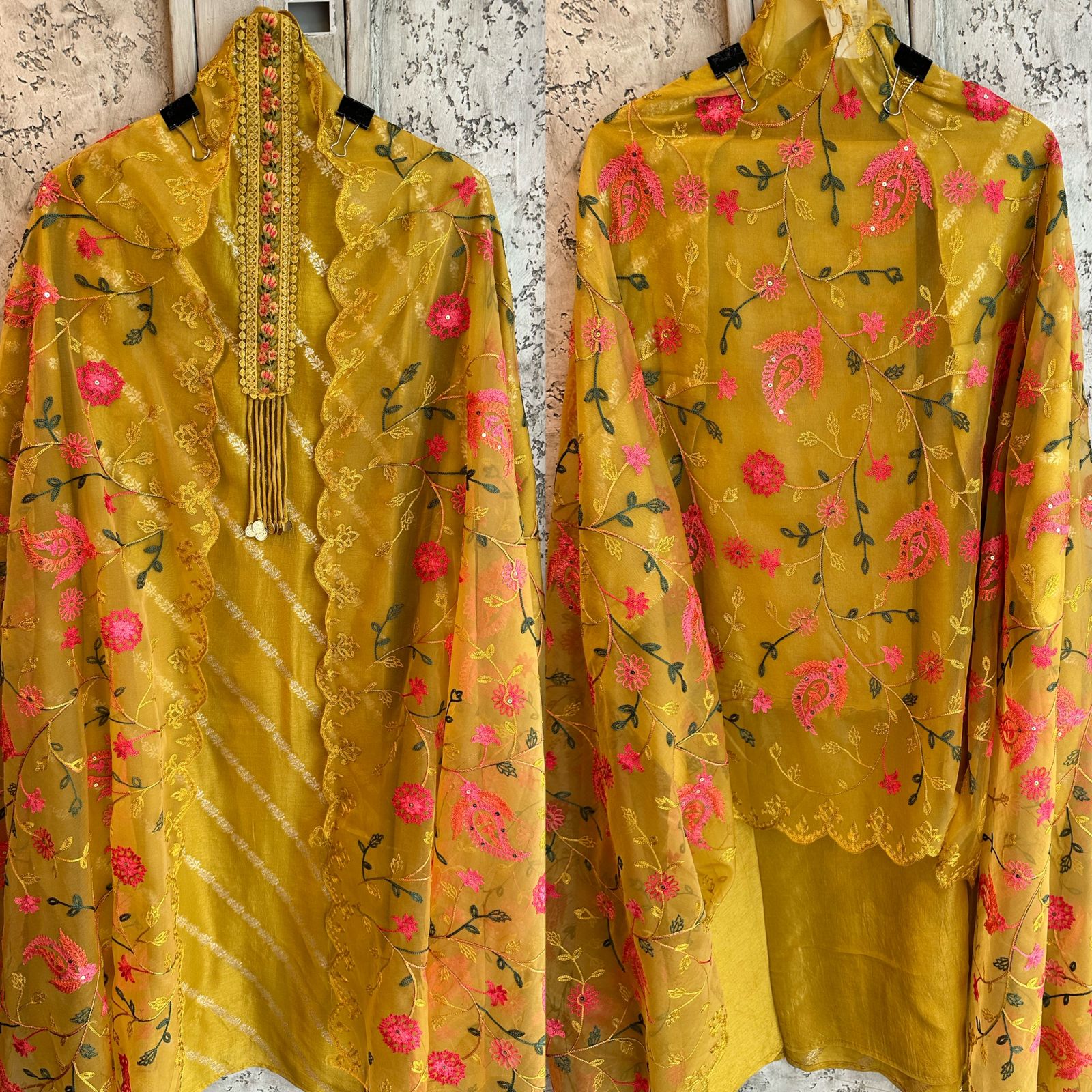 Silk shirt unstitched with very beautiful thread embroidered neck patti and designer Latkans with coin design
