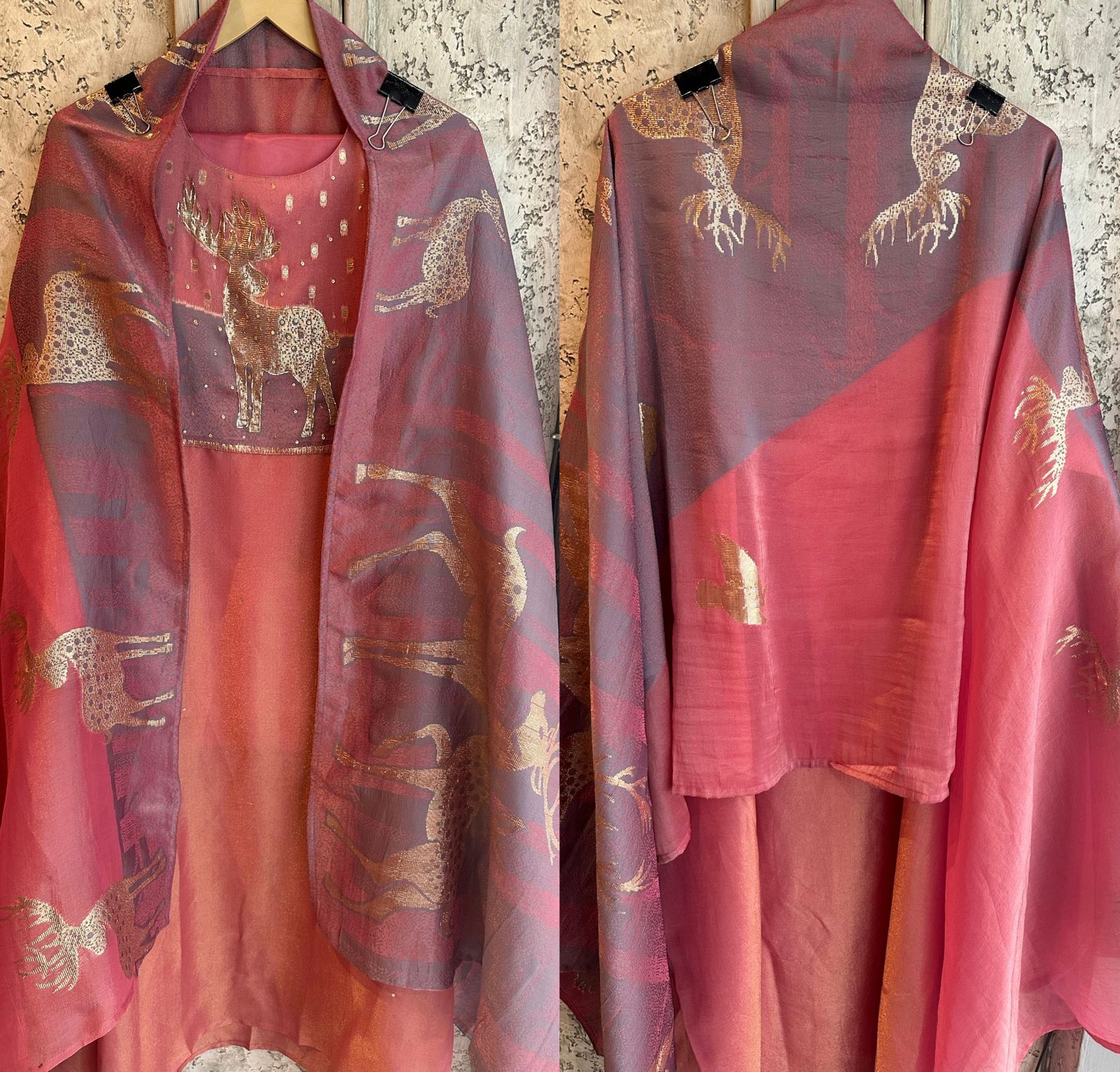 Pure russian silk unstitched shirt with beautiful tissue designer patterned neckline plus embroidered