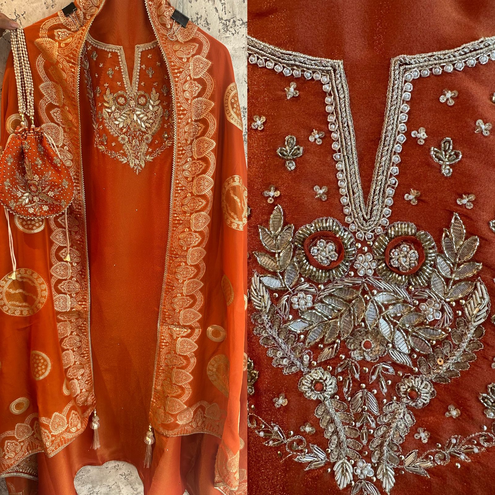 Pure shimmery Jacquard unstitched full size kurta with very gorgeous neckline