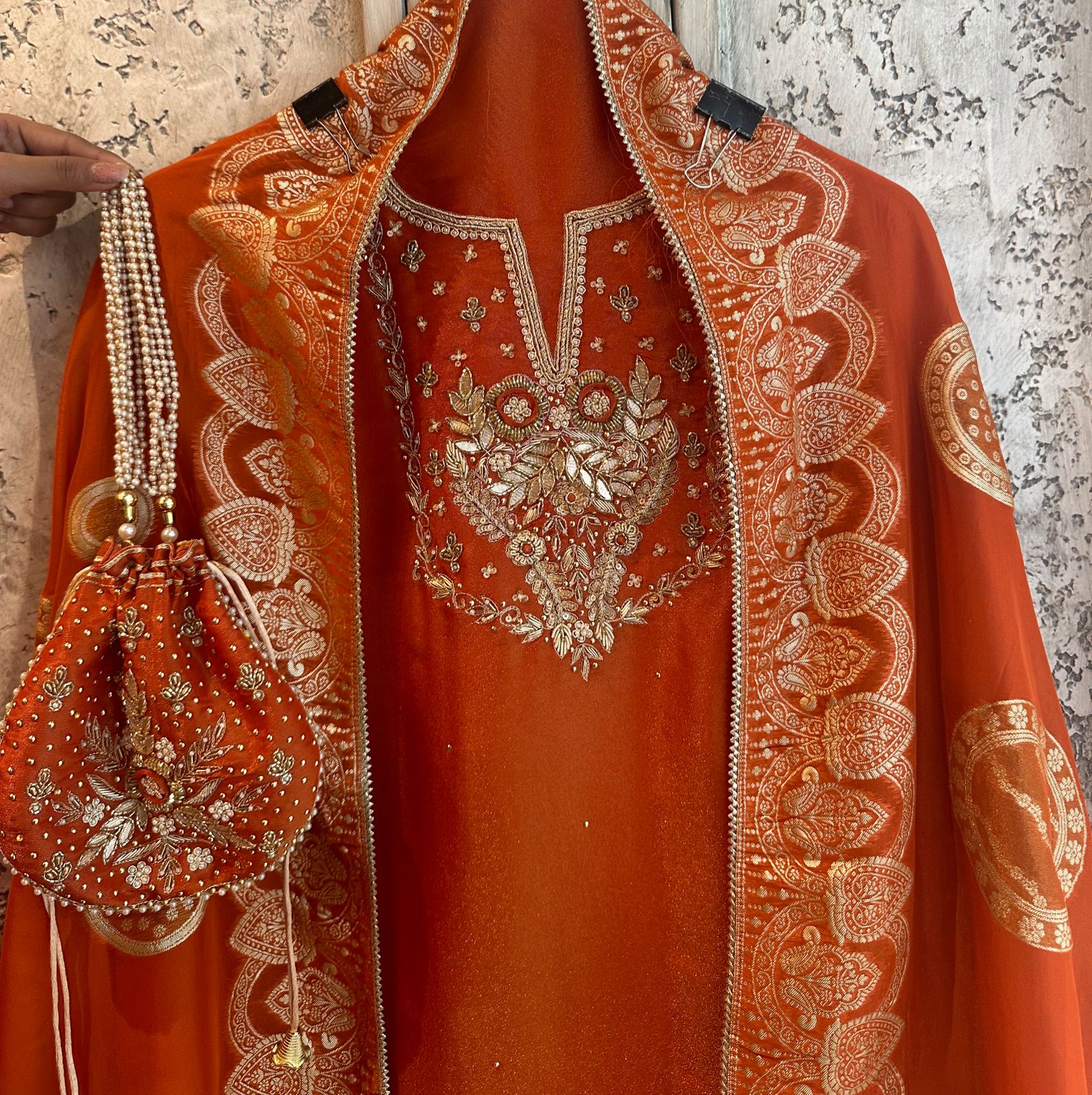Pure shimmery Jacquard unstitched full size kurta with very gorgeous neckline