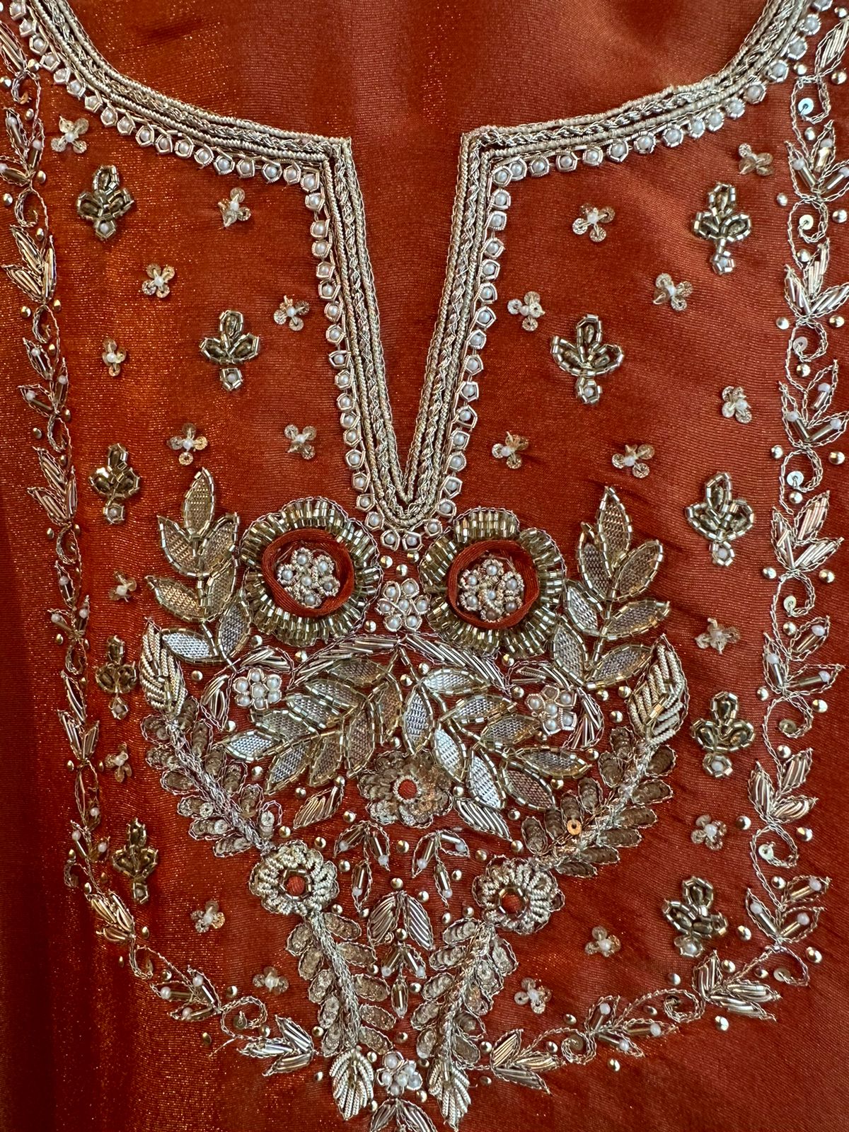 Pure shimmery Jacquard unstitched full size kurta with very gorgeous neckline