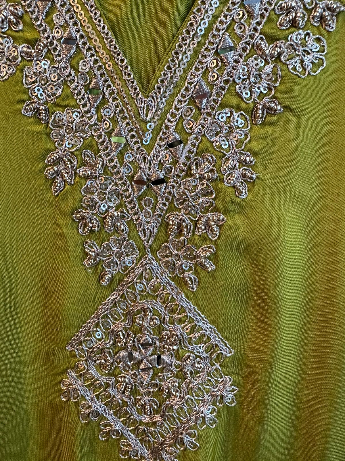 Pure russian silk unstitched shirt with beautiful designer pattern plus zari sequence embroidery on neck and bootas