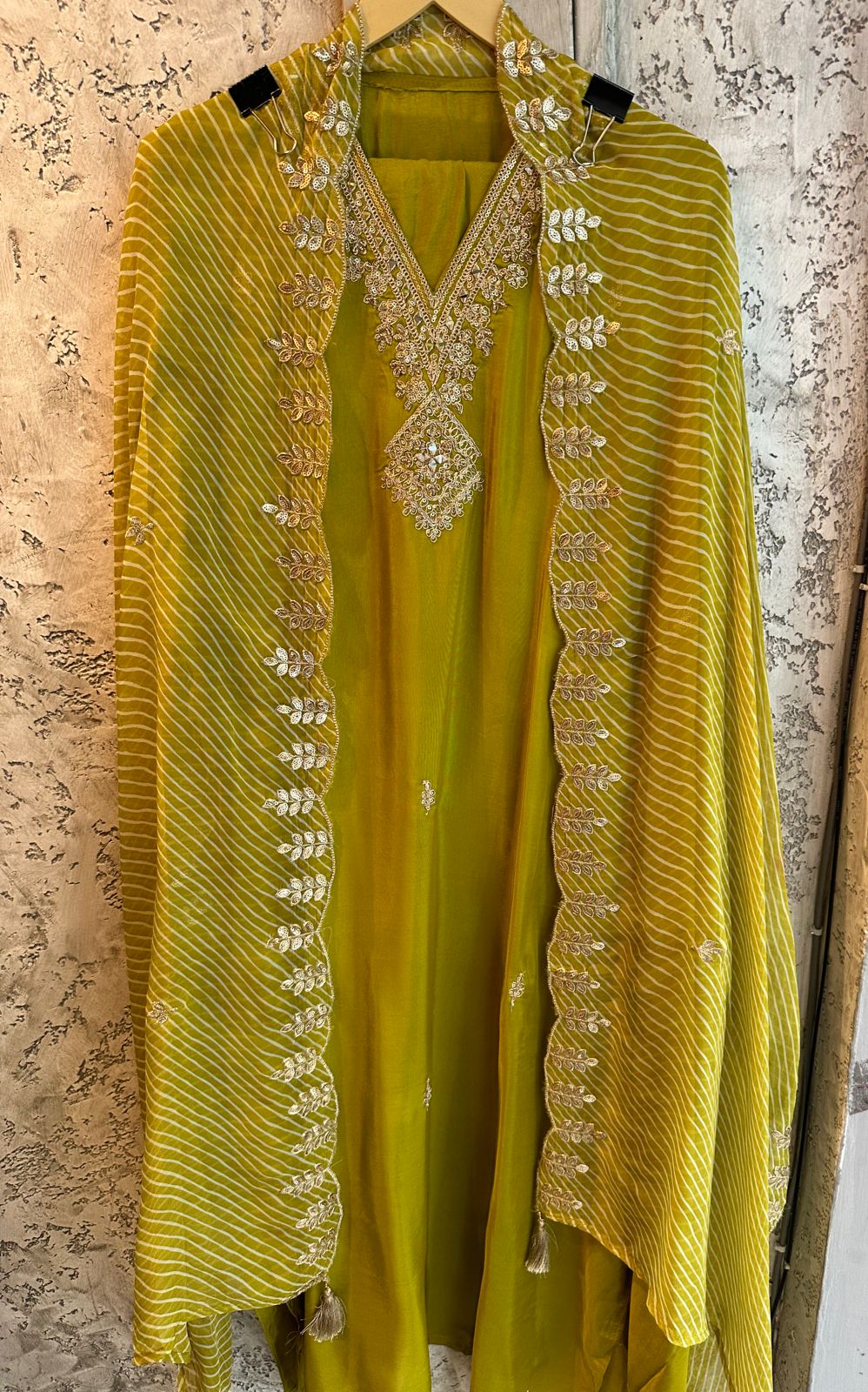 Pure russian silk unstitched shirt with beautiful designer pattern plus zari sequence embroidery on neck and bootas