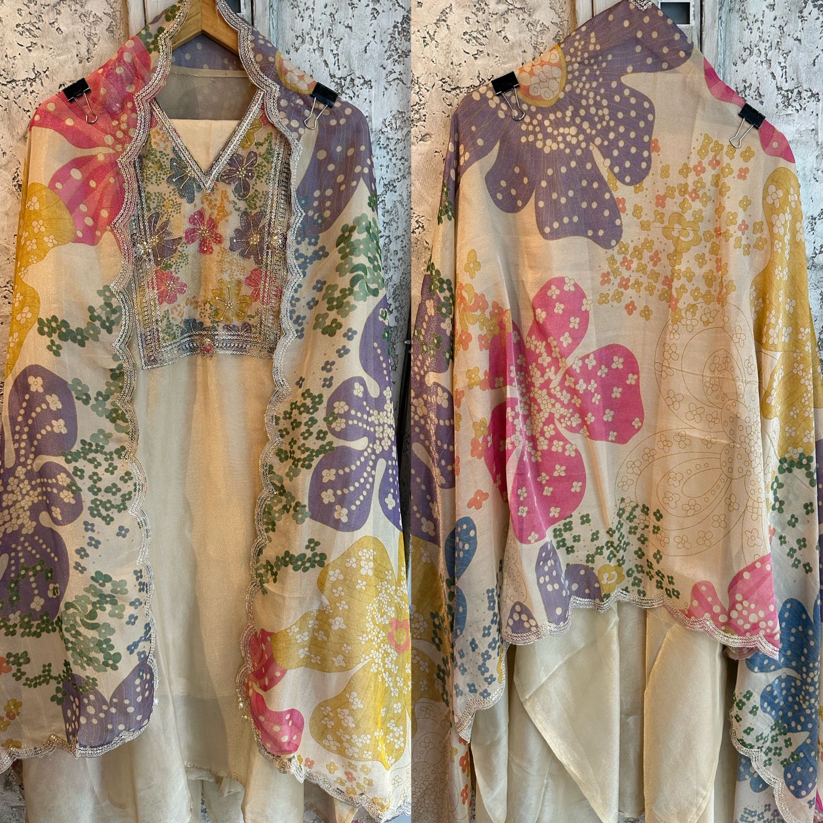 Pure tissue designer unstitched shimmer shirt with beautiful neck pattern with hand embroidery