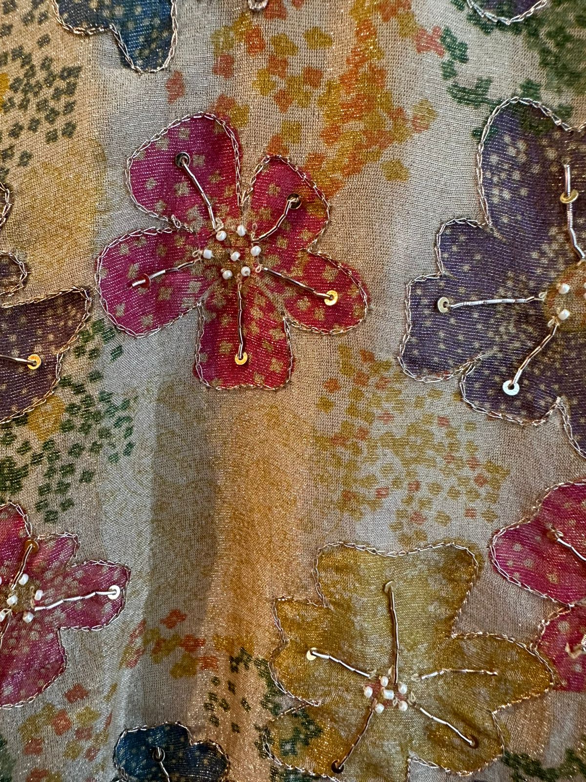 Pure tissue designer unstitched shimmer shirt with beautiful neck pattern with hand embroidery