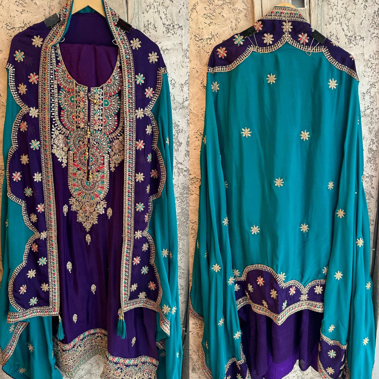 Pure Chinon unstitched Shirt with heavily embroidered zari booties