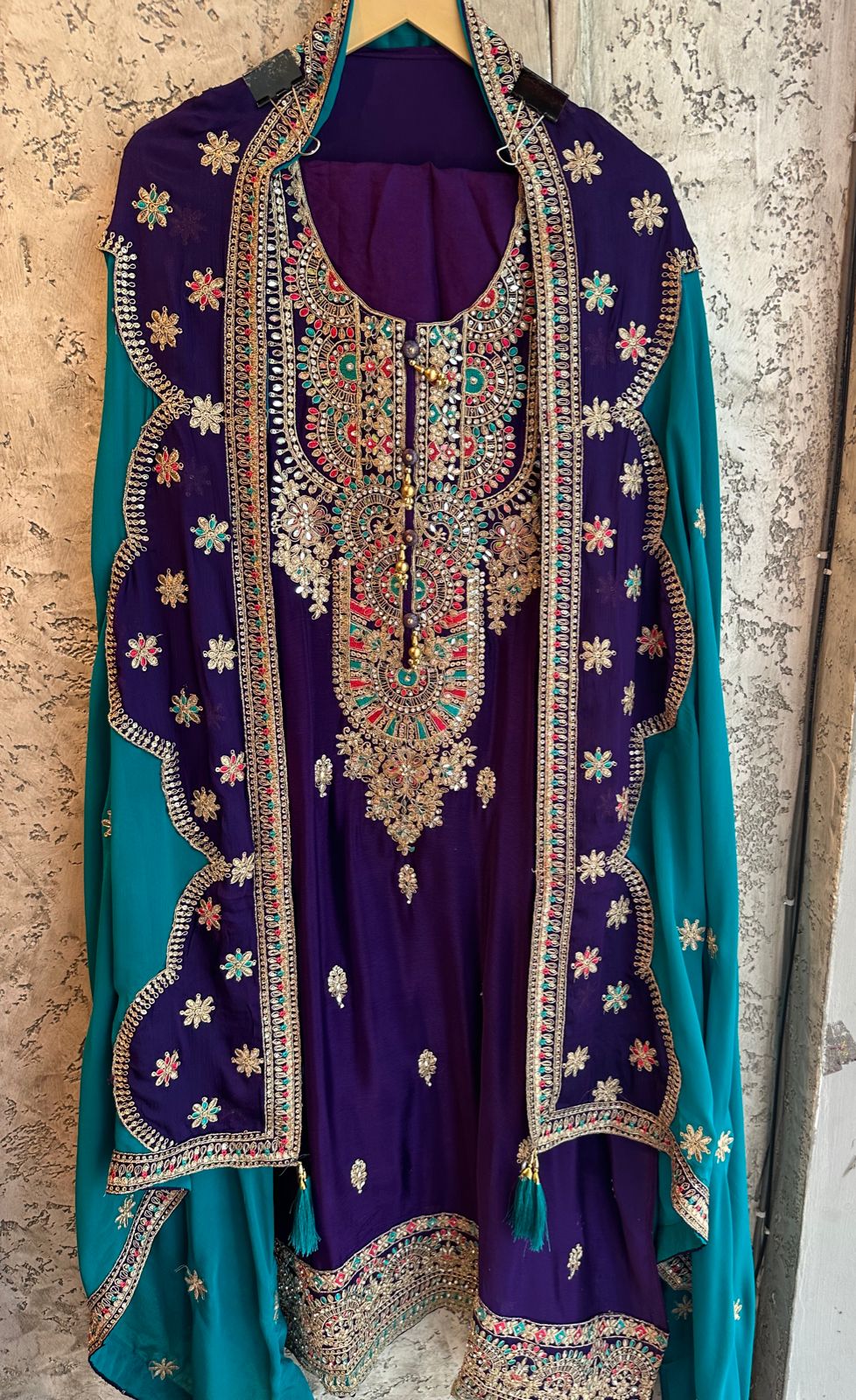 Pure Chinon unstitched Shirt with heavily embroidered zari booties