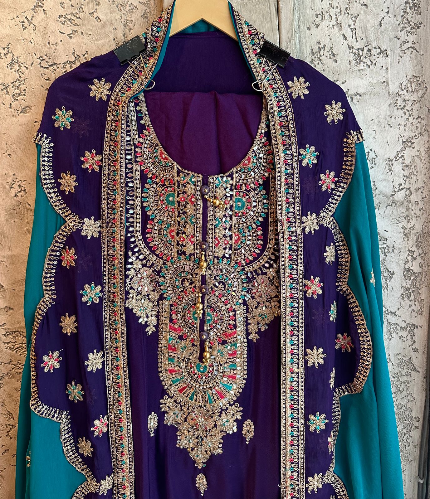 Pure Chinon unstitched Shirt with heavily embroidered zari booties