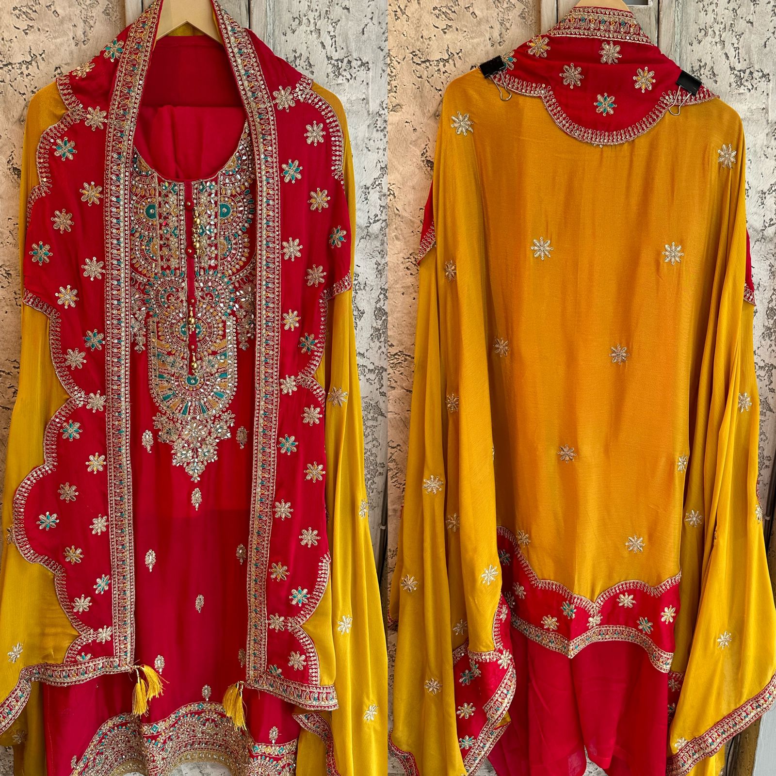 Pure Chinon unstitched Shirt with heavily embroidered zari booties Made from zari