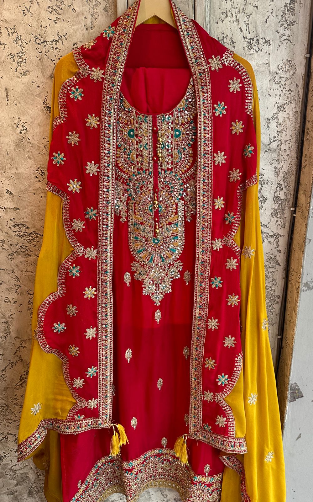 Pure Chinon unstitched Shirt with heavily embroidered zari booties Made from zari