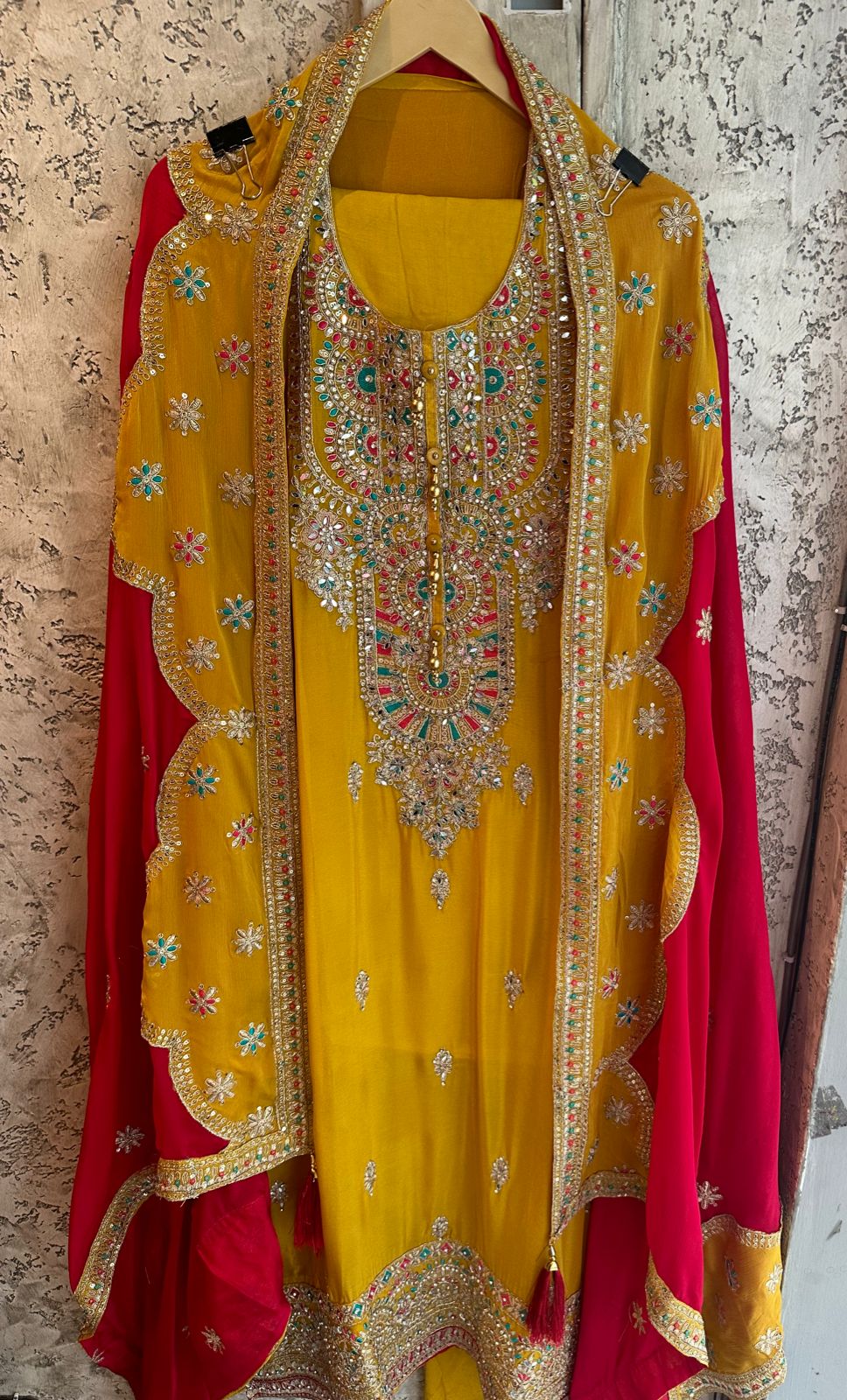 Pure Chinon unstitched Shirt with heavily embroidered zari booties