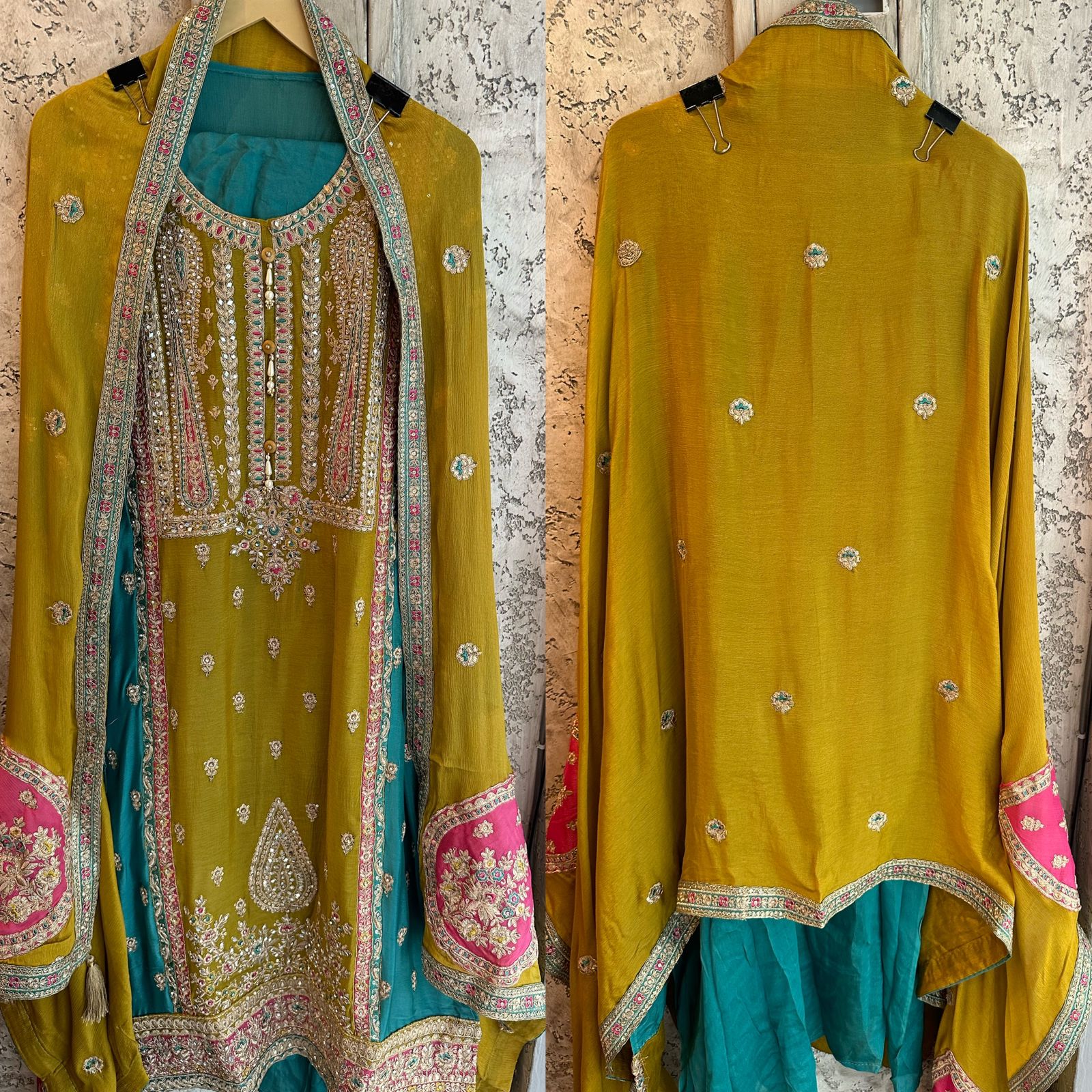 Pure Chinon unstitched Shirt with heavily embroidered zari booties