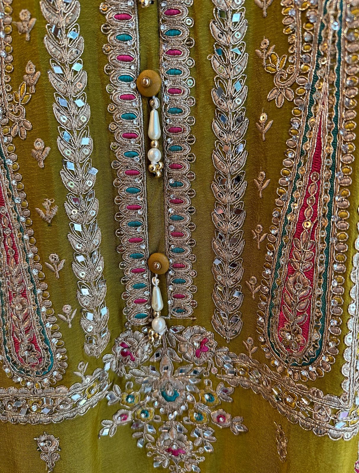 Pure Chinon unstitched Shirt with heavily embroidered zari booties