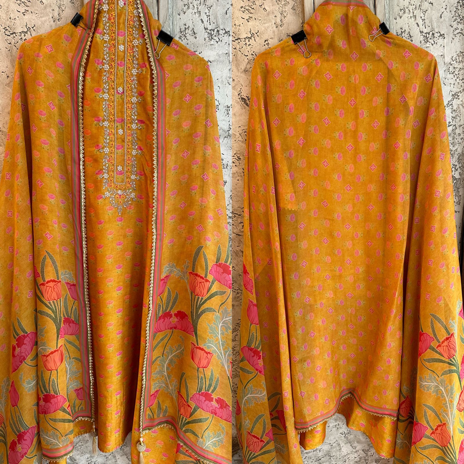 Pure silk shirt (Unstitched full size shirt) digital printed with with thread Pearl embroideries with Dori work