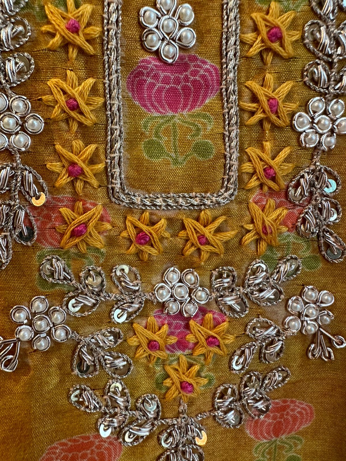 Pure silk shirt (Unstitched full size shirt) digital printed with with thread Pearl embroideries with Dori work