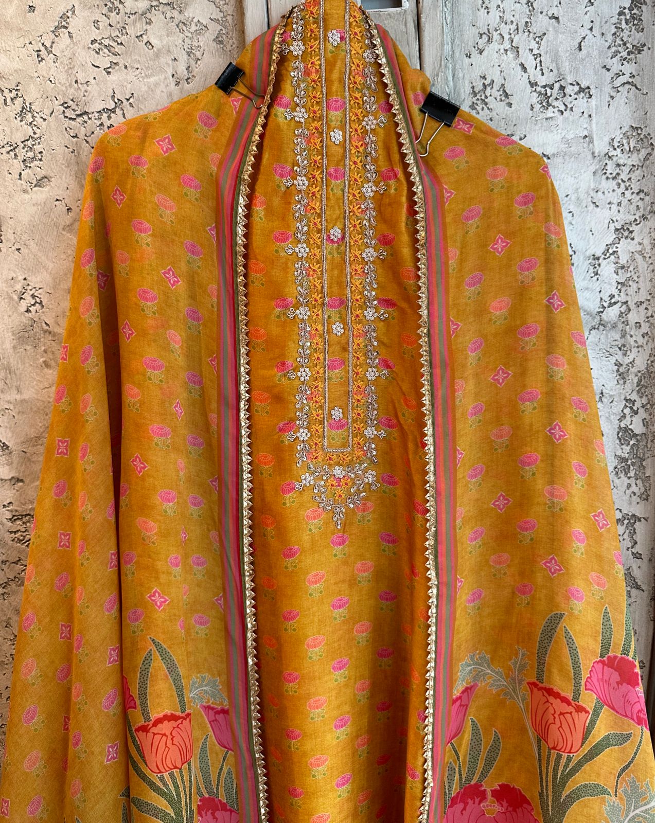 Pure silk shirt (Unstitched full size shirt) digital printed with with thread Pearl embroideries with Dori work