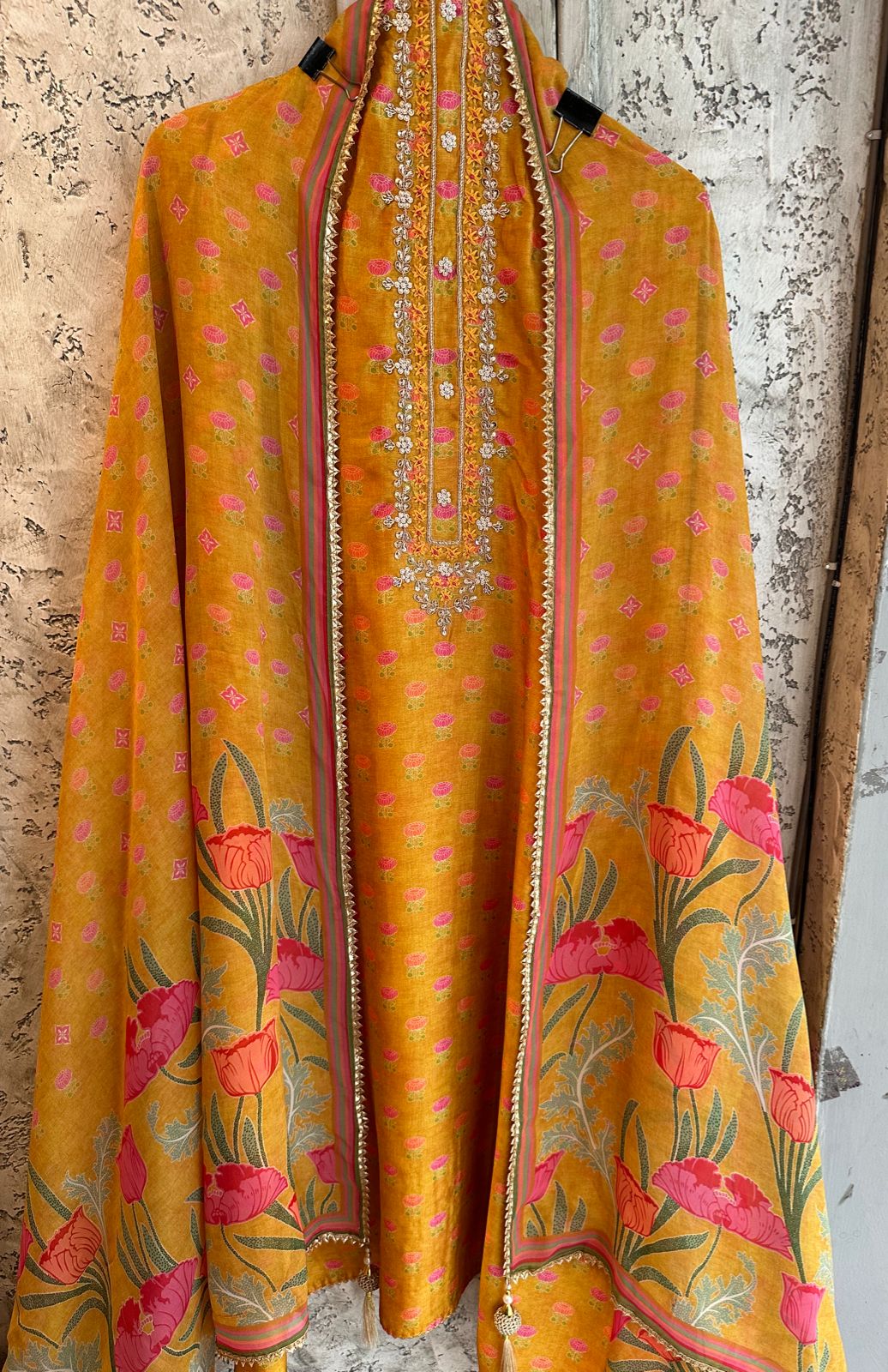 Pure silk shirt (Unstitched full size shirt) digital printed with with thread Pearl embroideries with Dori work