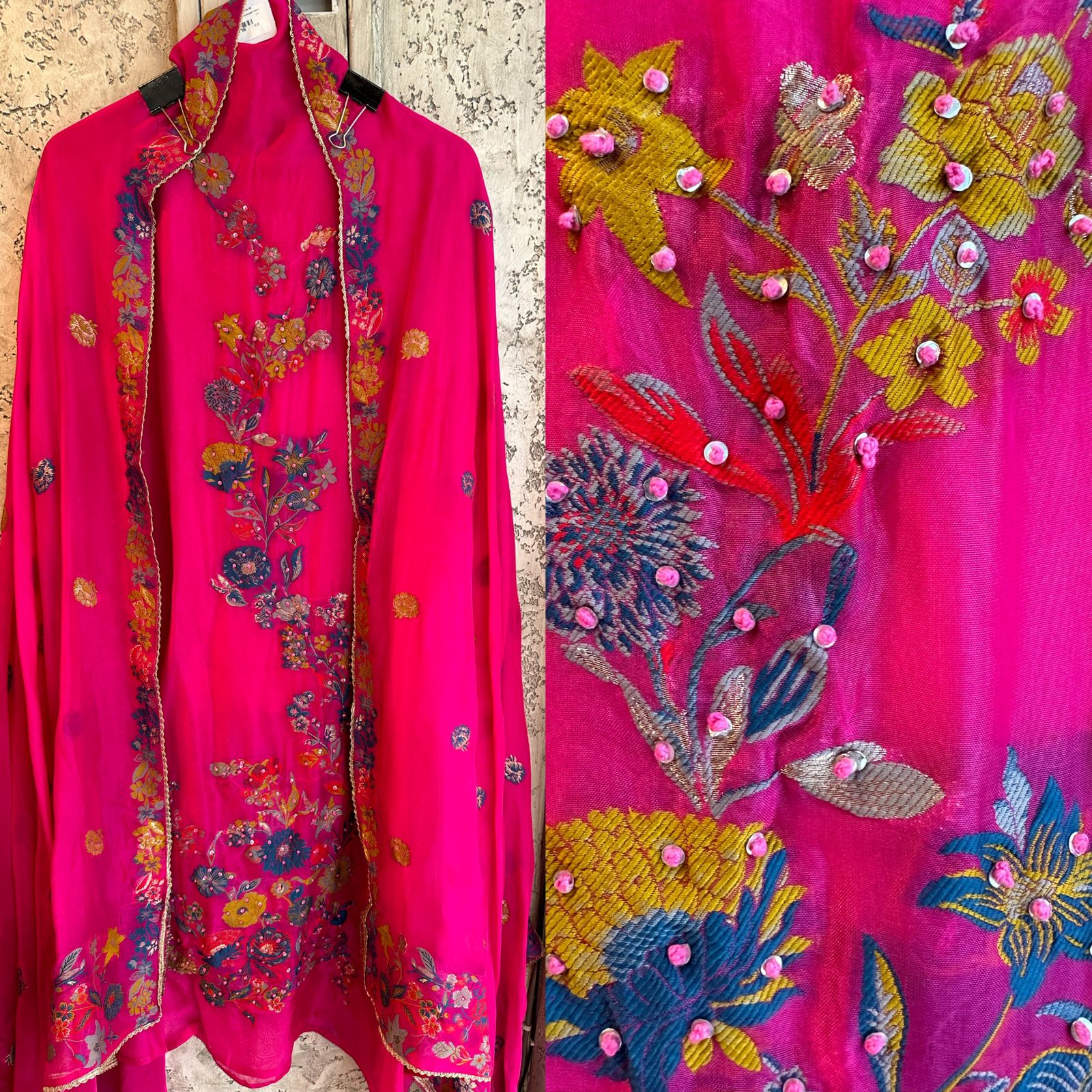 Pure soft organza shirt with banarsi embroidery with knotwork done (UNSTITCHED)