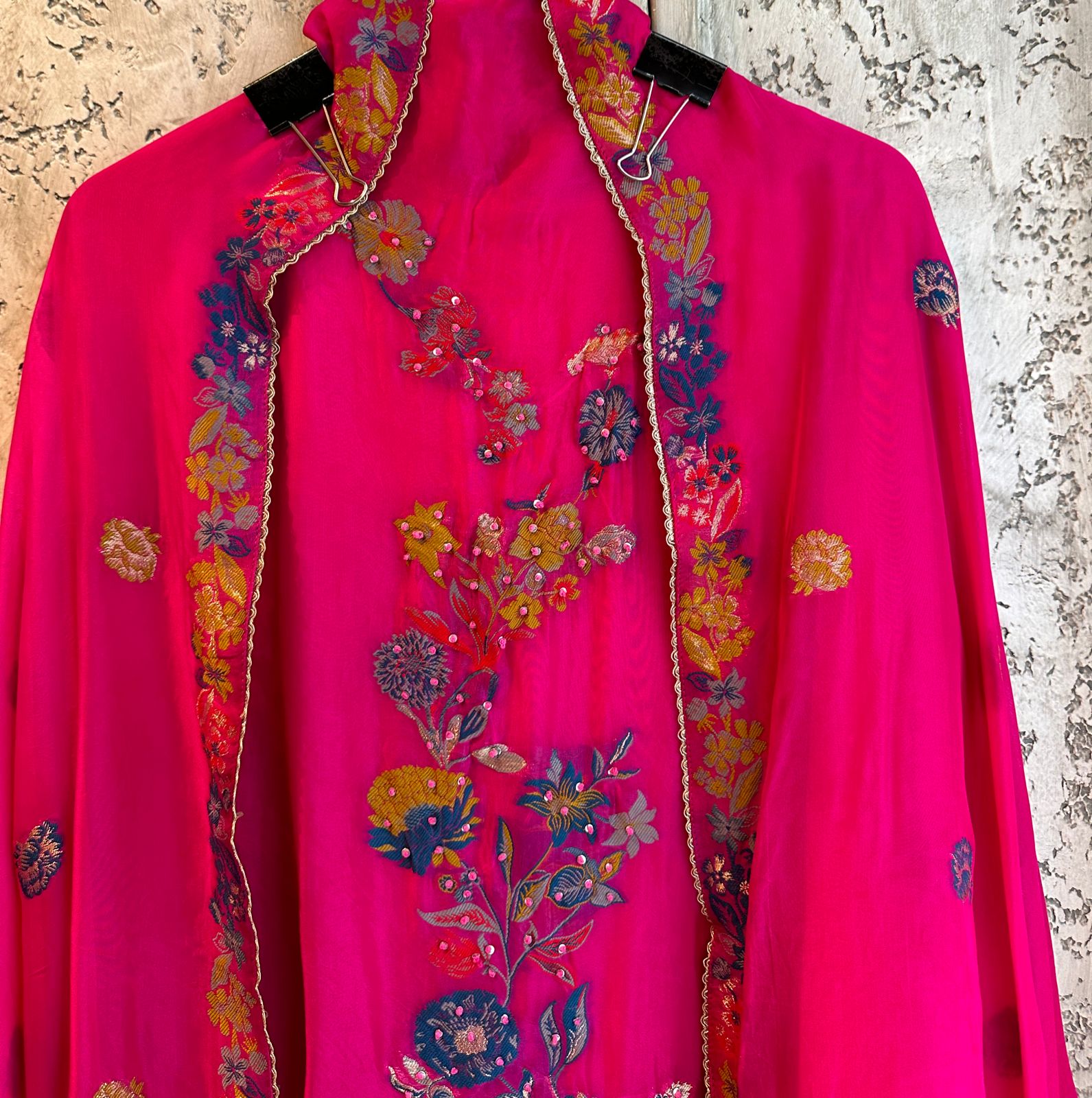 Pure soft organza shirt with banarsi embroidery with knotwork done (UNSTITCHED)