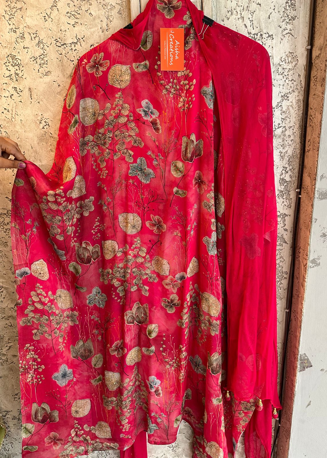 Pure digital Chinon printed suit full size unstitched shirt  Cherry in colour