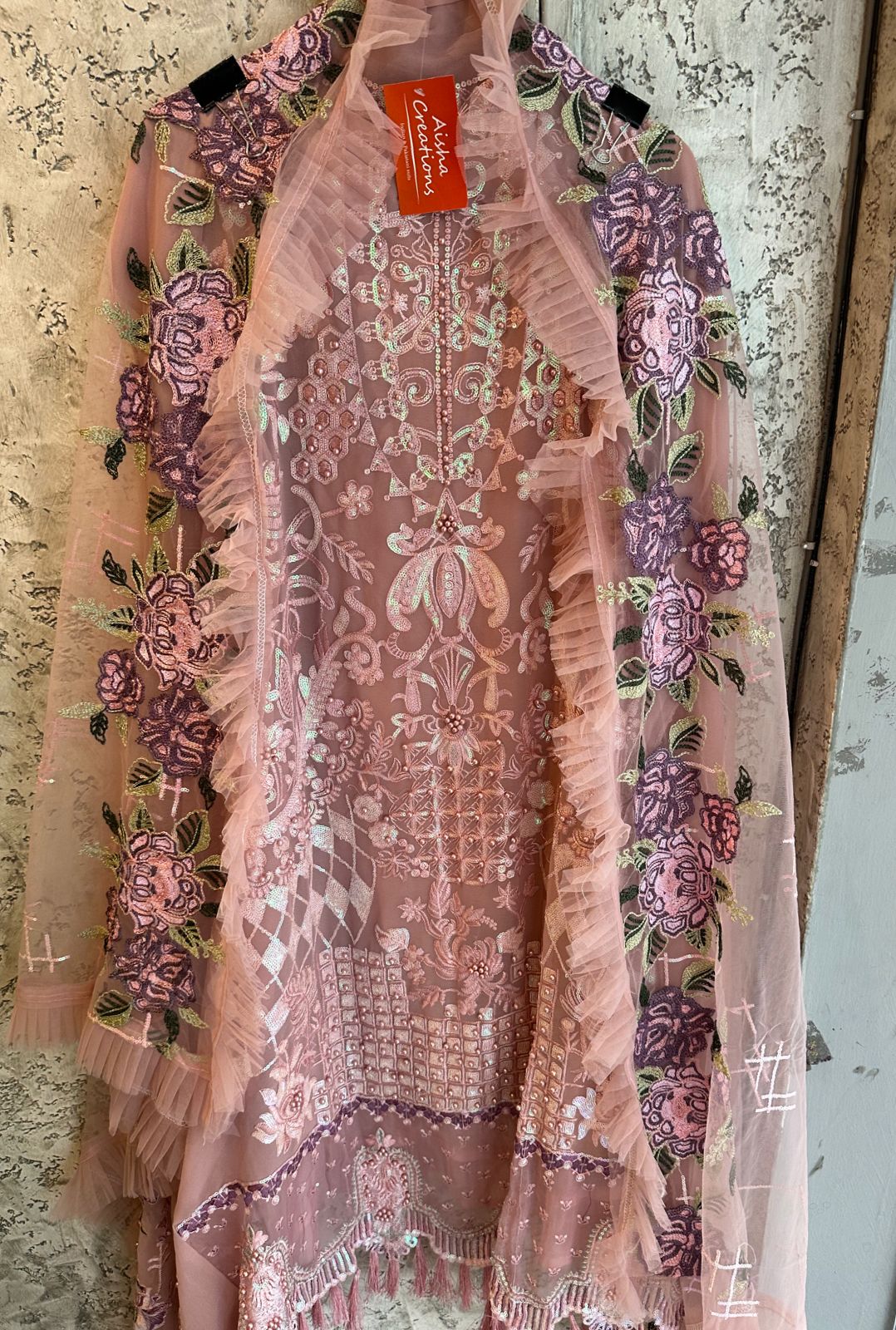 Pure georgette beautiful pakistani patterned shirt with full front embroidered  plus pearls