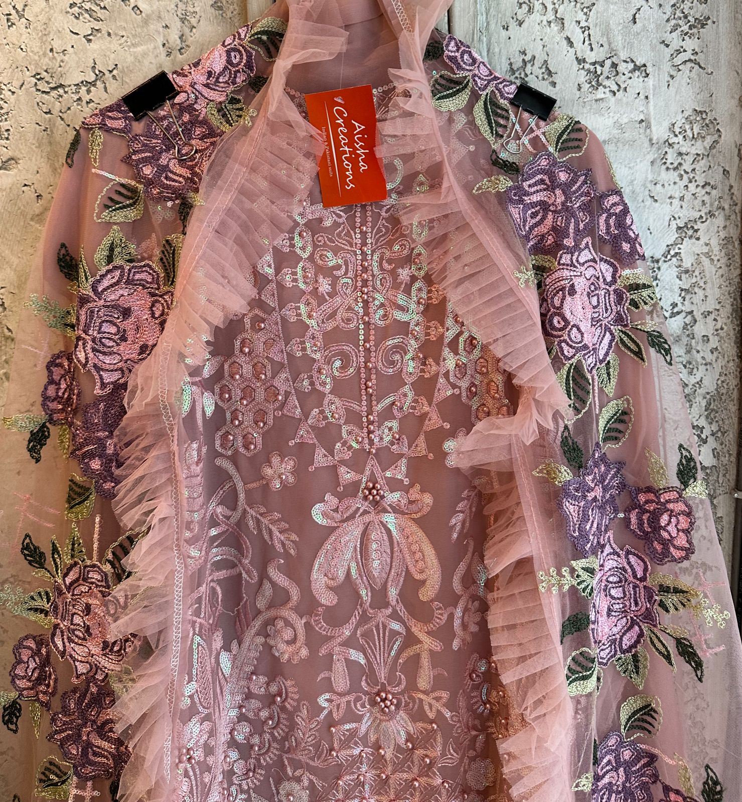Pure georgette beautiful pakistani patterned shirt with full front embroidered  plus pearls