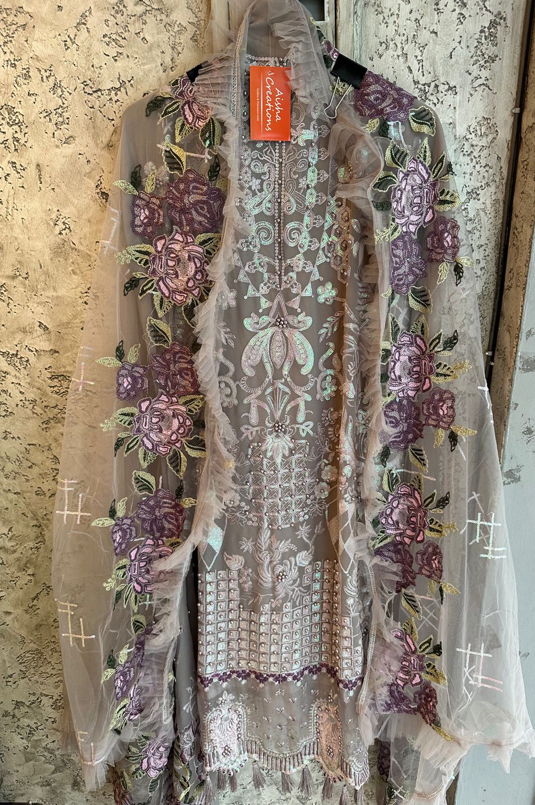 Pure georgette beautiful pakistani patterned shirt with full front embroidered  plus pearl detailings