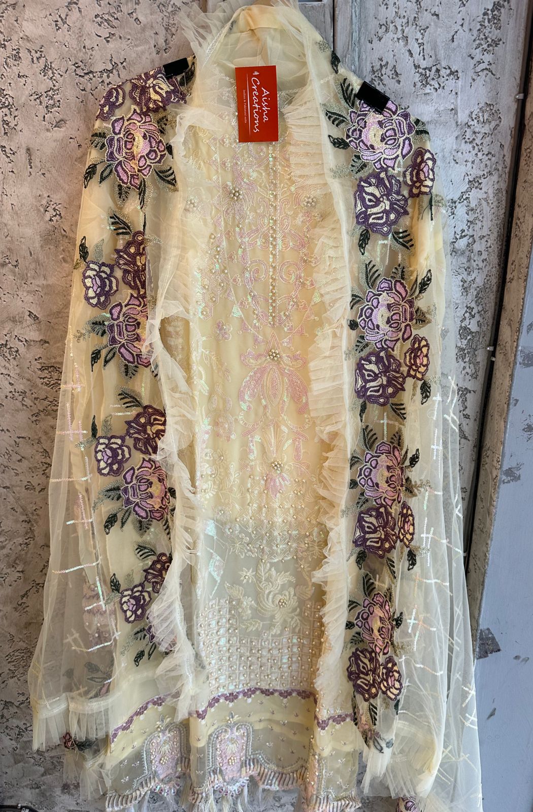 Pure georgette beautiful pakistani patterned shirt with full front embroidered  plus pearl detailings