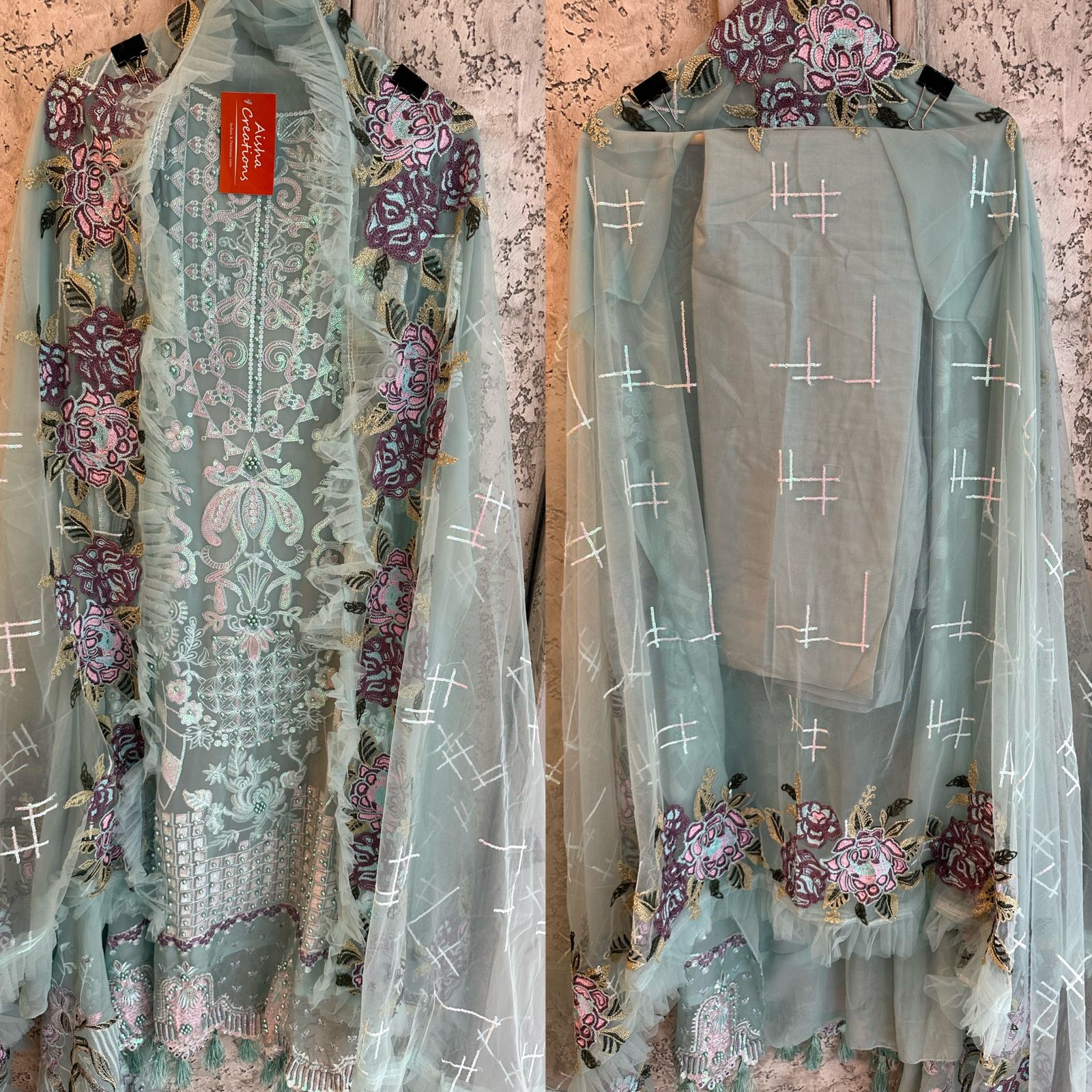 Pure georgette beautiful pakistani patterned shirt with full front embroidered  plus pearl detailings and tessells