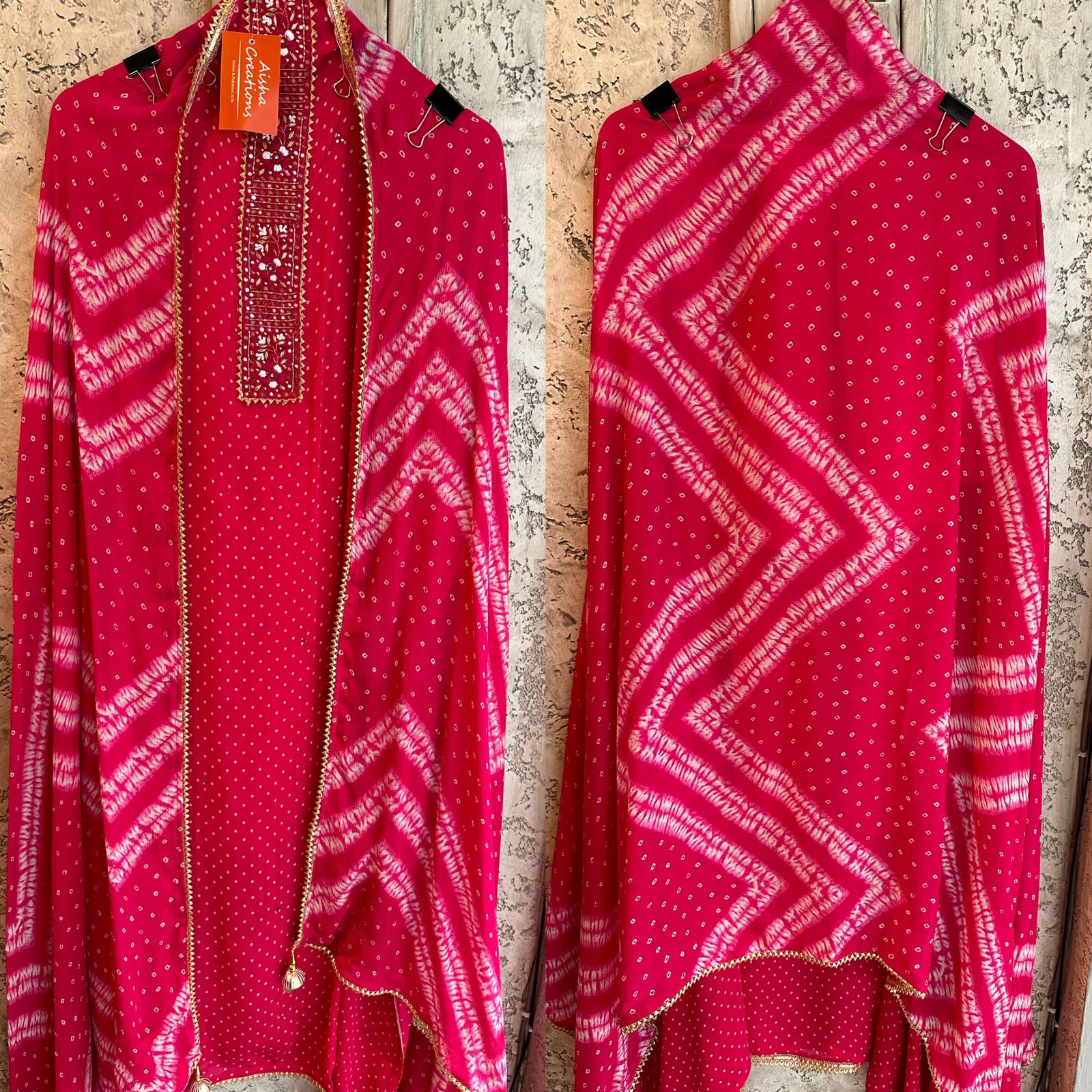 Pure Chinon dotted Unstitched full size shirt  With very beautiful handwork neckline