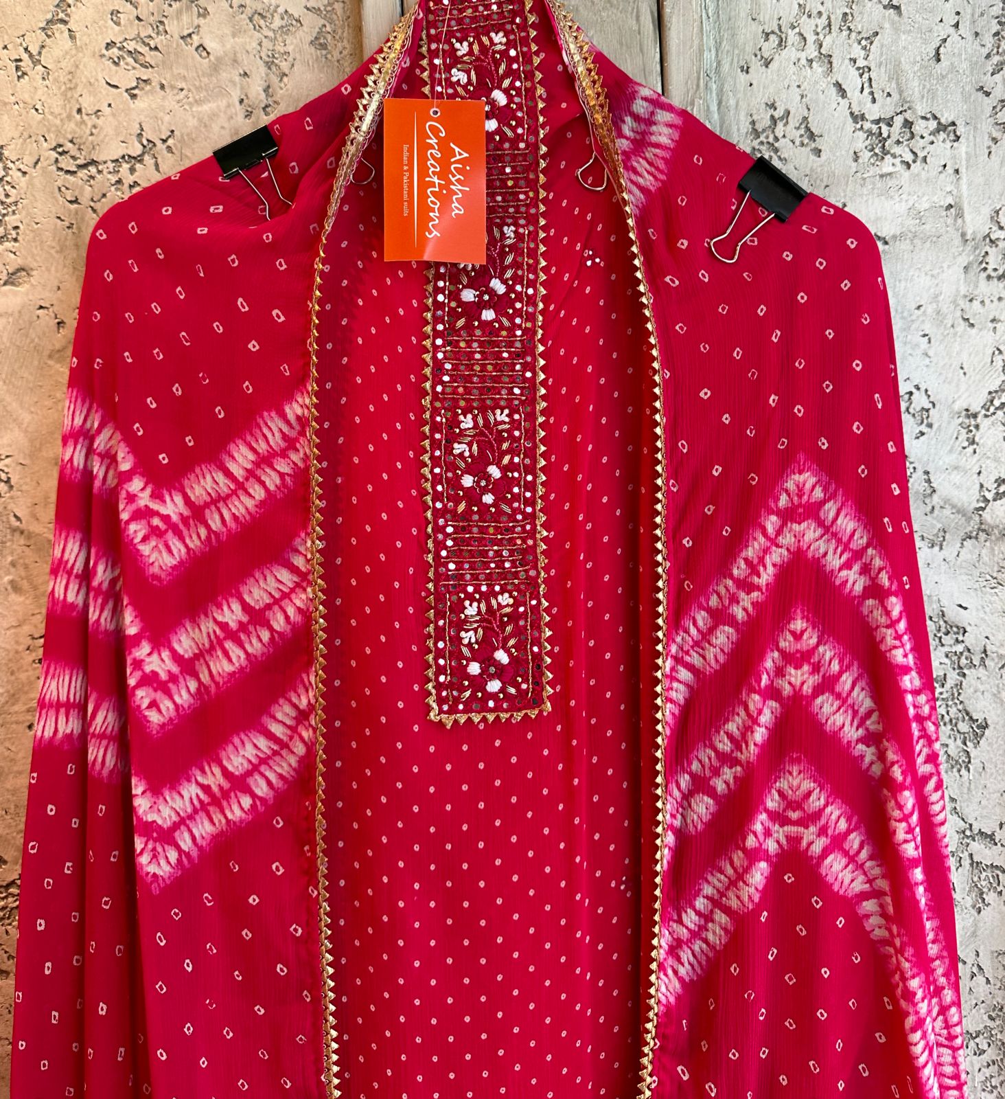 Pure Chinon dotted Unstitched full size shirt  With very beautiful handwork neckline