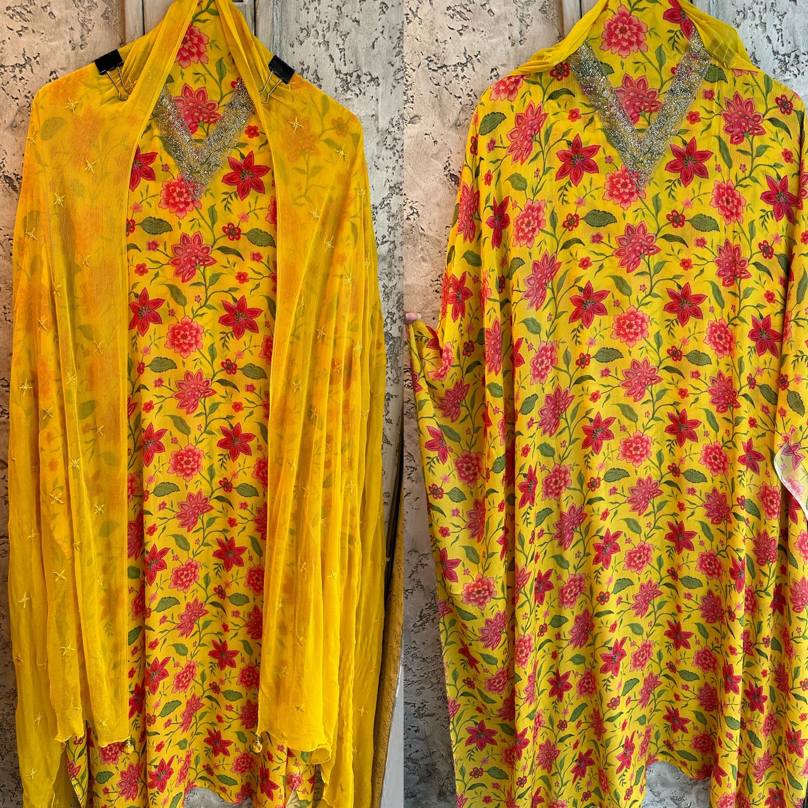 Pure Chinon digital floral printed unstitched shirt with very beautiful Nalki work done on the neckline