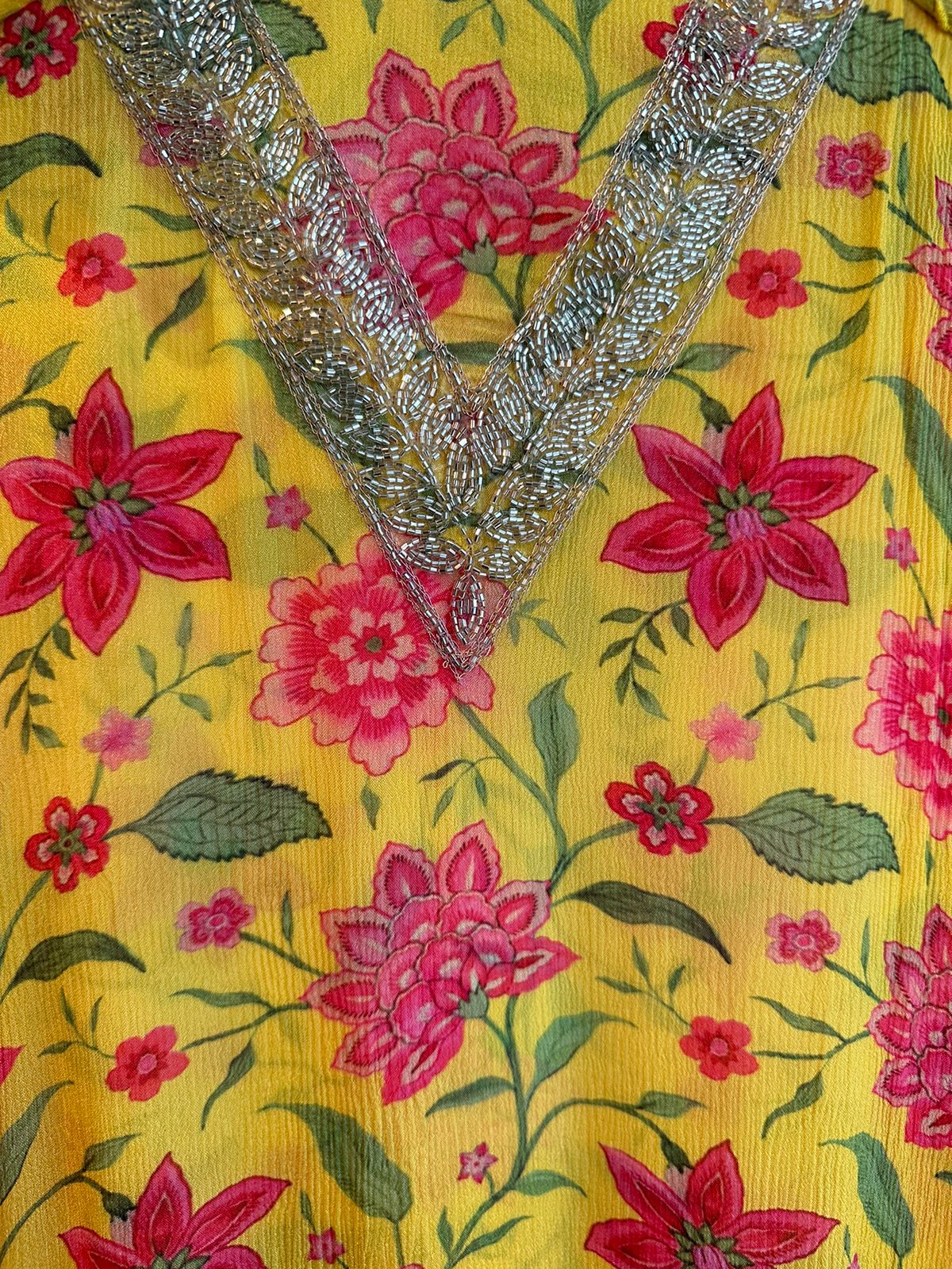 Pure Chinon digital floral printed unstitched shirt with very beautiful Nalki work done on the neckline