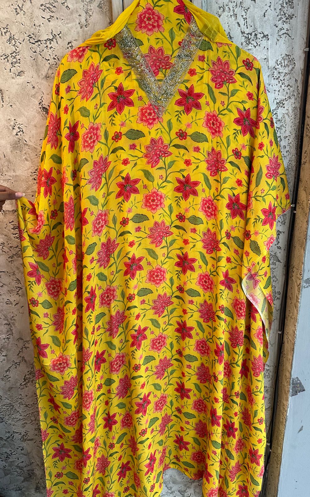 Pure Chinon digital floral printed unstitched shirt with very beautiful Nalki work done on the neckline