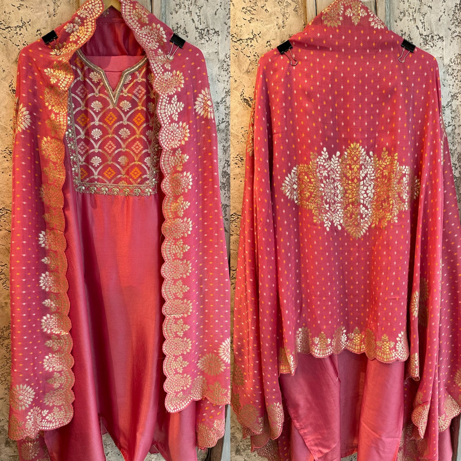 Pure russian silk unstitched shirt full size shirt with Leathet gotta work and sequence work done on the neck area