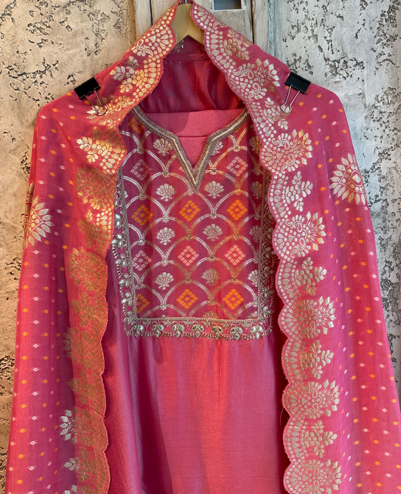 Pure russian silk unstitched shirt full size shirt with Leathet gotta work and sequence work done on the neck area