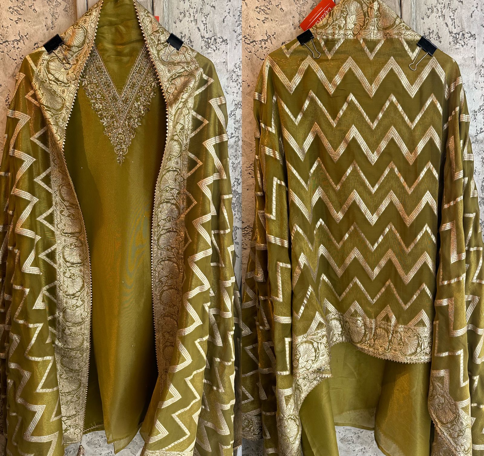 Pure shimmery Jacquard unstitched full size kurta with very gorgeous neckline