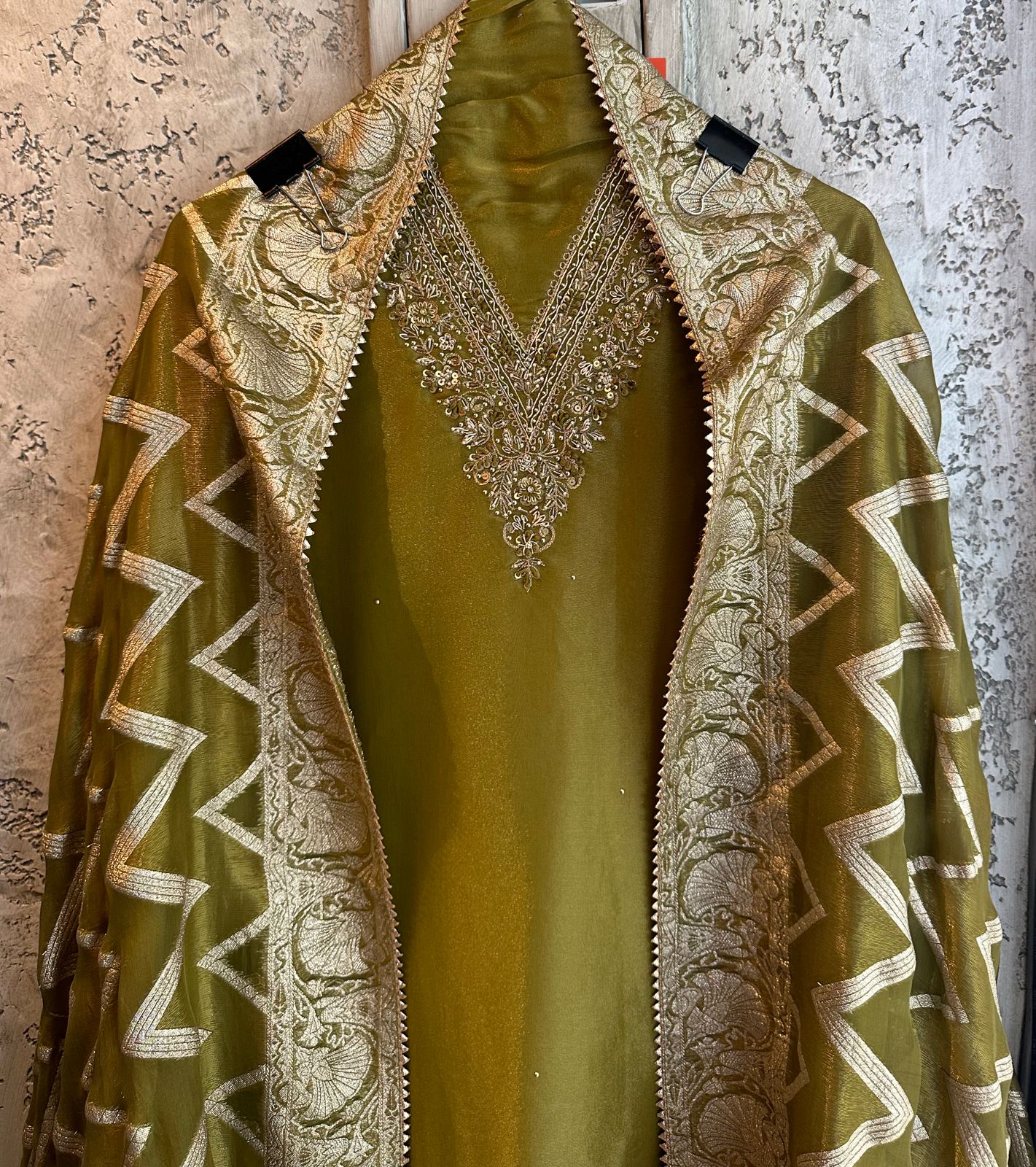 Pure shimmery Jacquard unstitched full size kurta with very gorgeous neckline