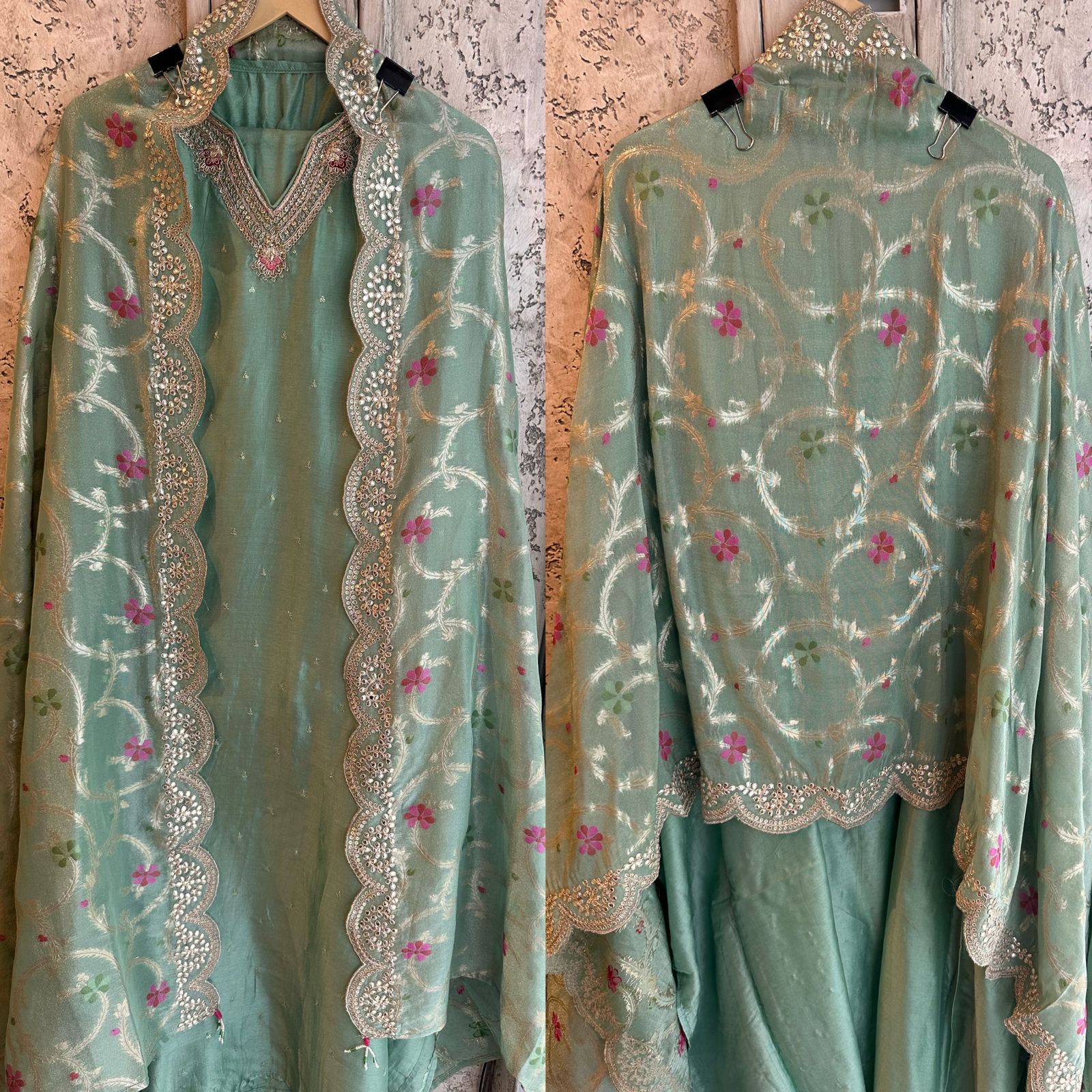 Pure russian silk unstitched shirt with beautiful pattern plus embroidery on neckline