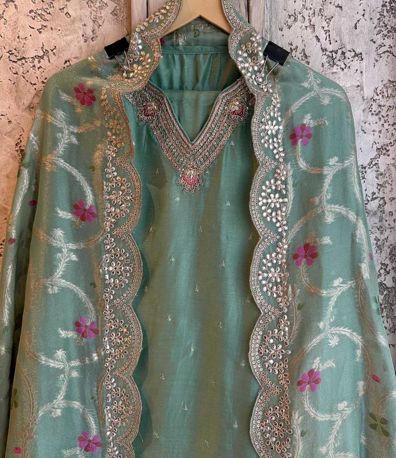 Pure russian silk unstitched shirt with beautiful pattern plus embroidery on neckline